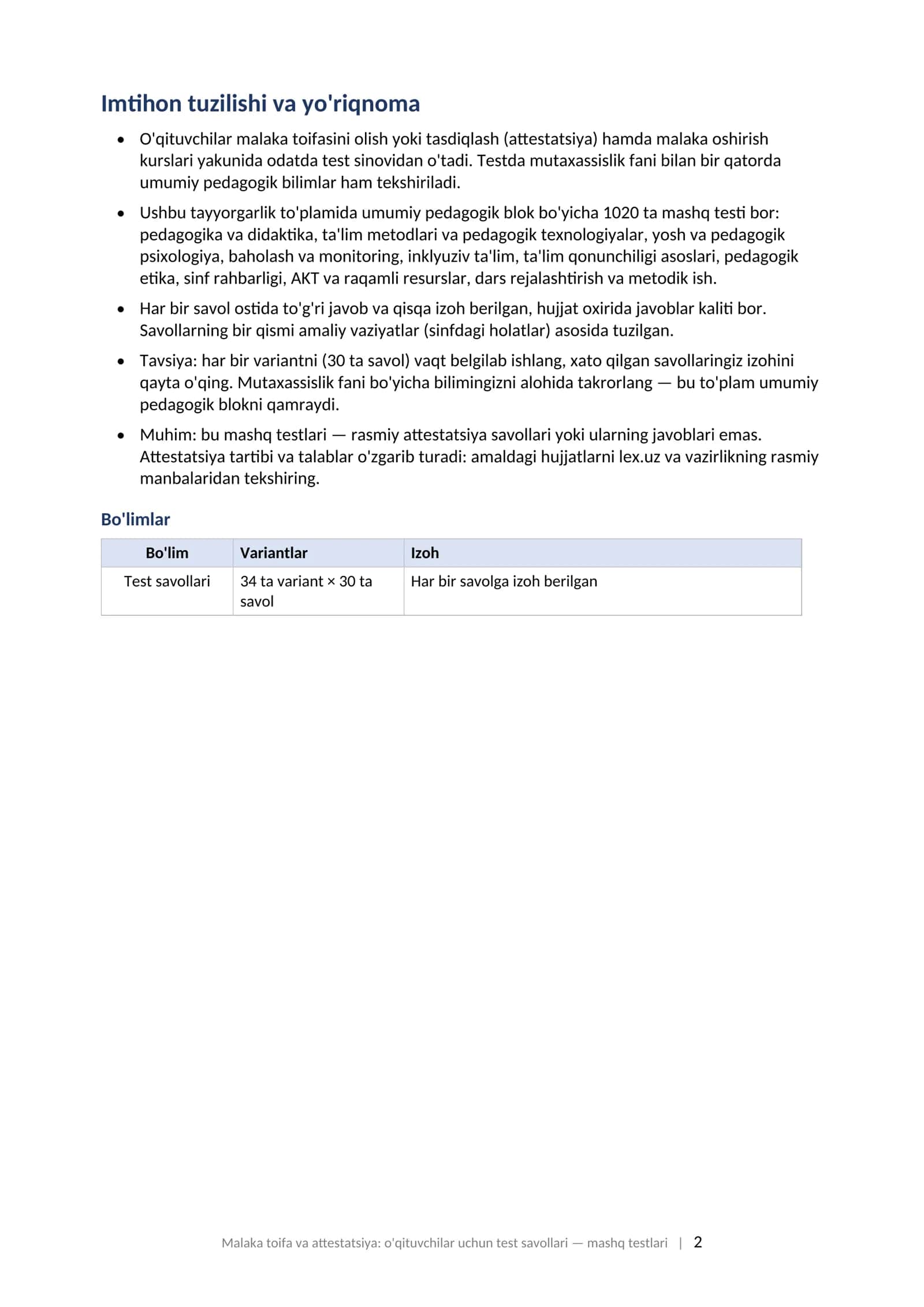 Malaka toifa attestatsiya testlari 2026 oqituvchilar uchun 1000 mashq testlari javoblari bilan.  MALAKA TOIFA VA ATTESTATSIYA: O'QITUVCHILAR UCHUN TEST SAVOLLARI Tayyorgarlik to'plami: 1020 ta mashq testi javoblari va izohlari bilan — pedagogika, psixologiya, metodika, baholash, ta'lim qonunchiligi, AKT, 2026 2