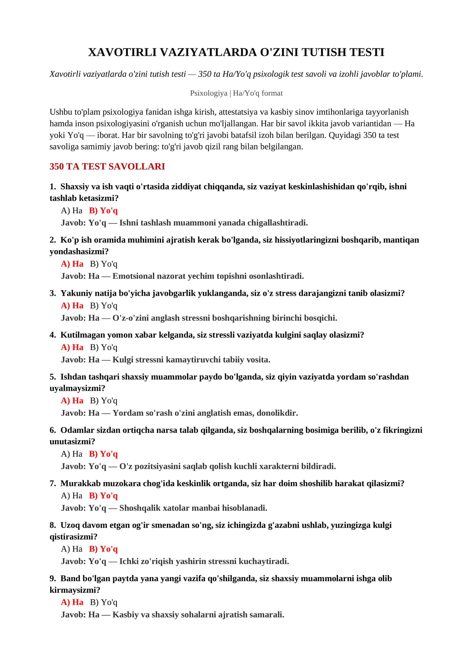 XAVOTIRLI VAZIYATLARDA O'ZINI TUTISH TESTI 2