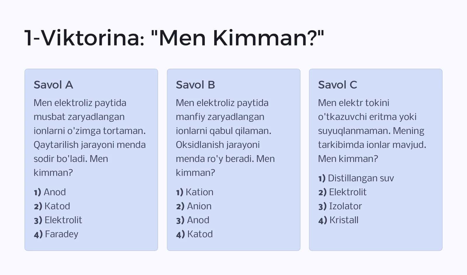 Elektroliz: Kimyoviy Sirlarni Ochish Viktorinasi 2