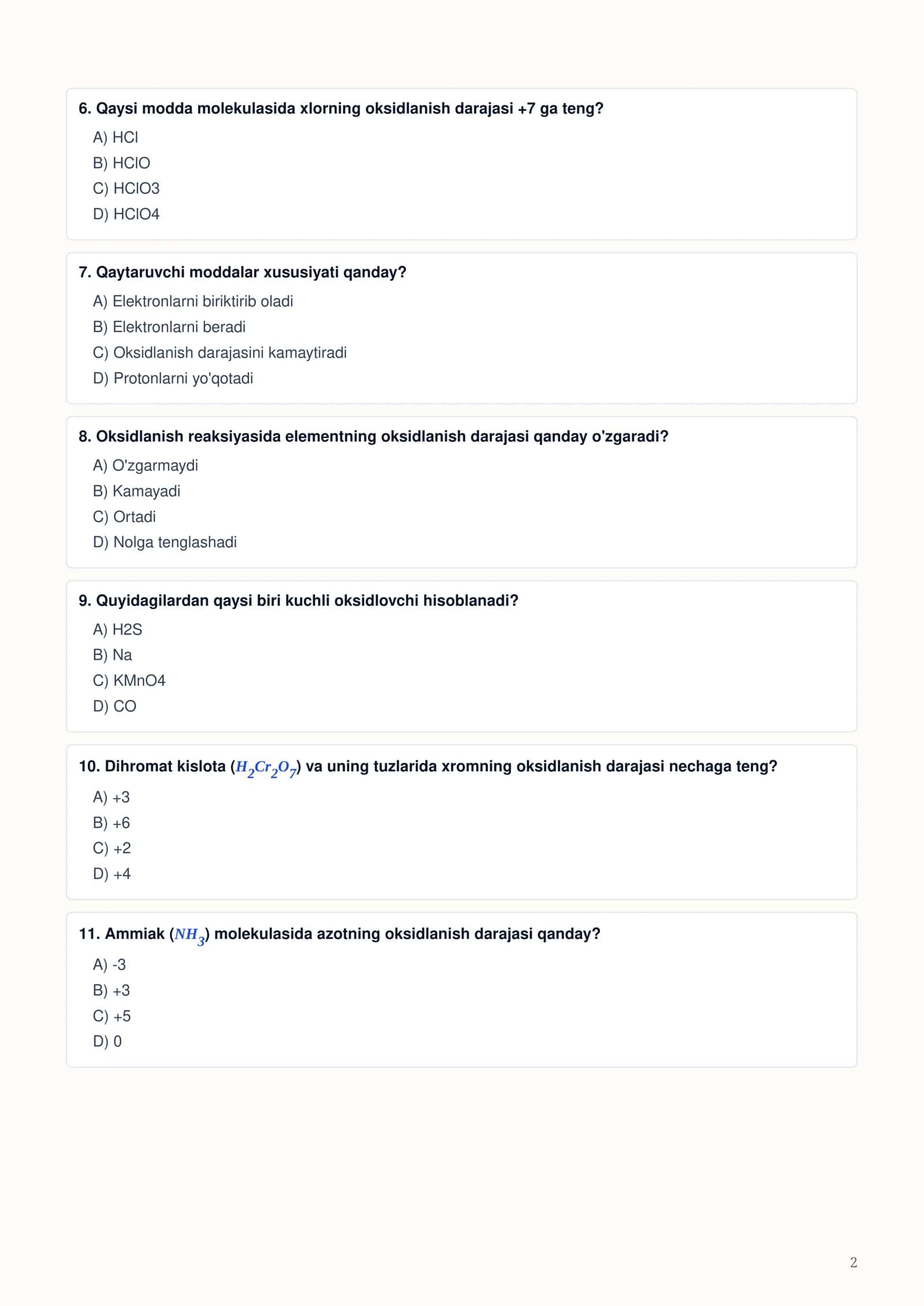 Oksidlanish-Qaytarilish Reaksiyalari Test Savollari 2