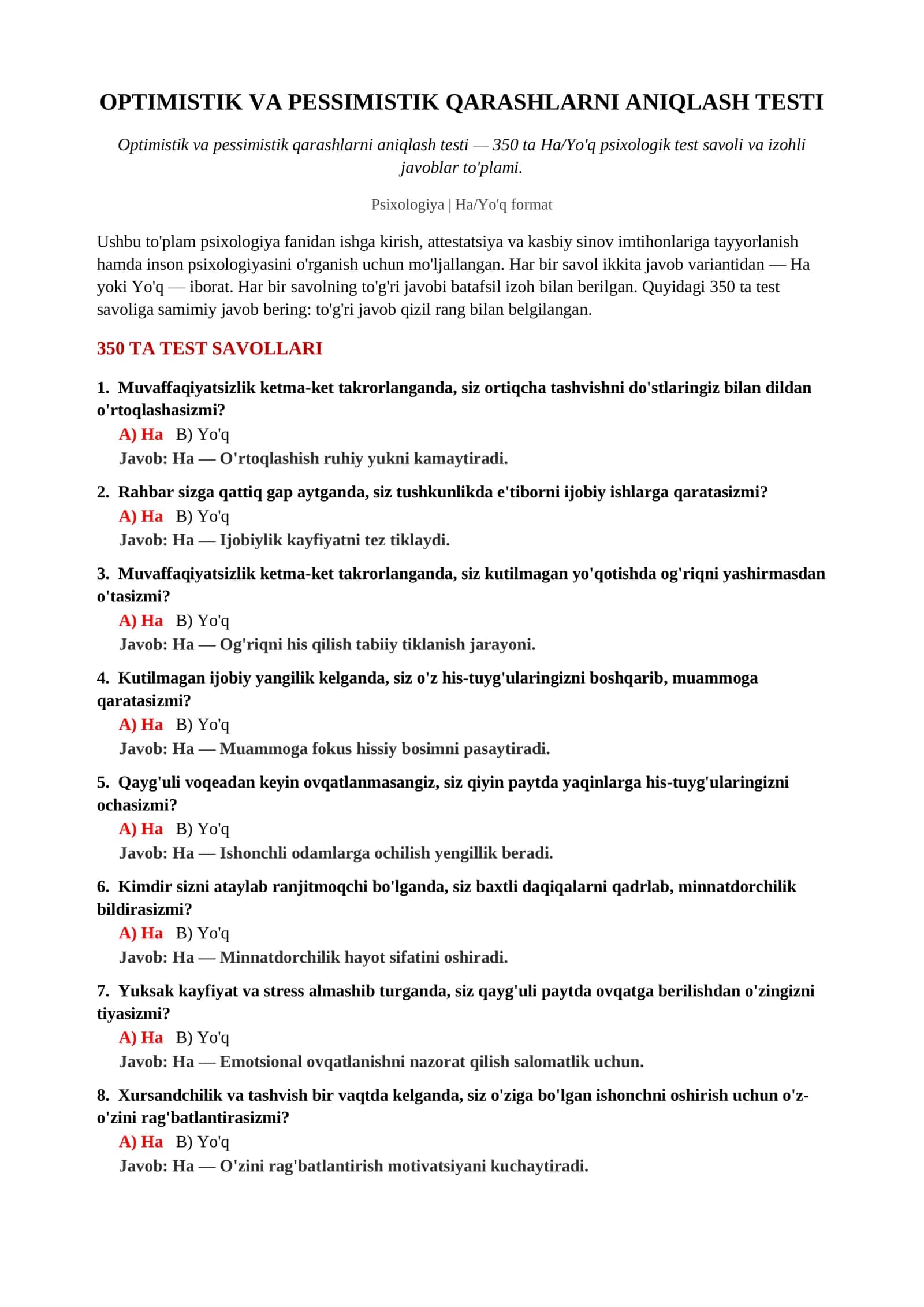Optimistik va pessimistik qarashlarni aniqlash testi 2
