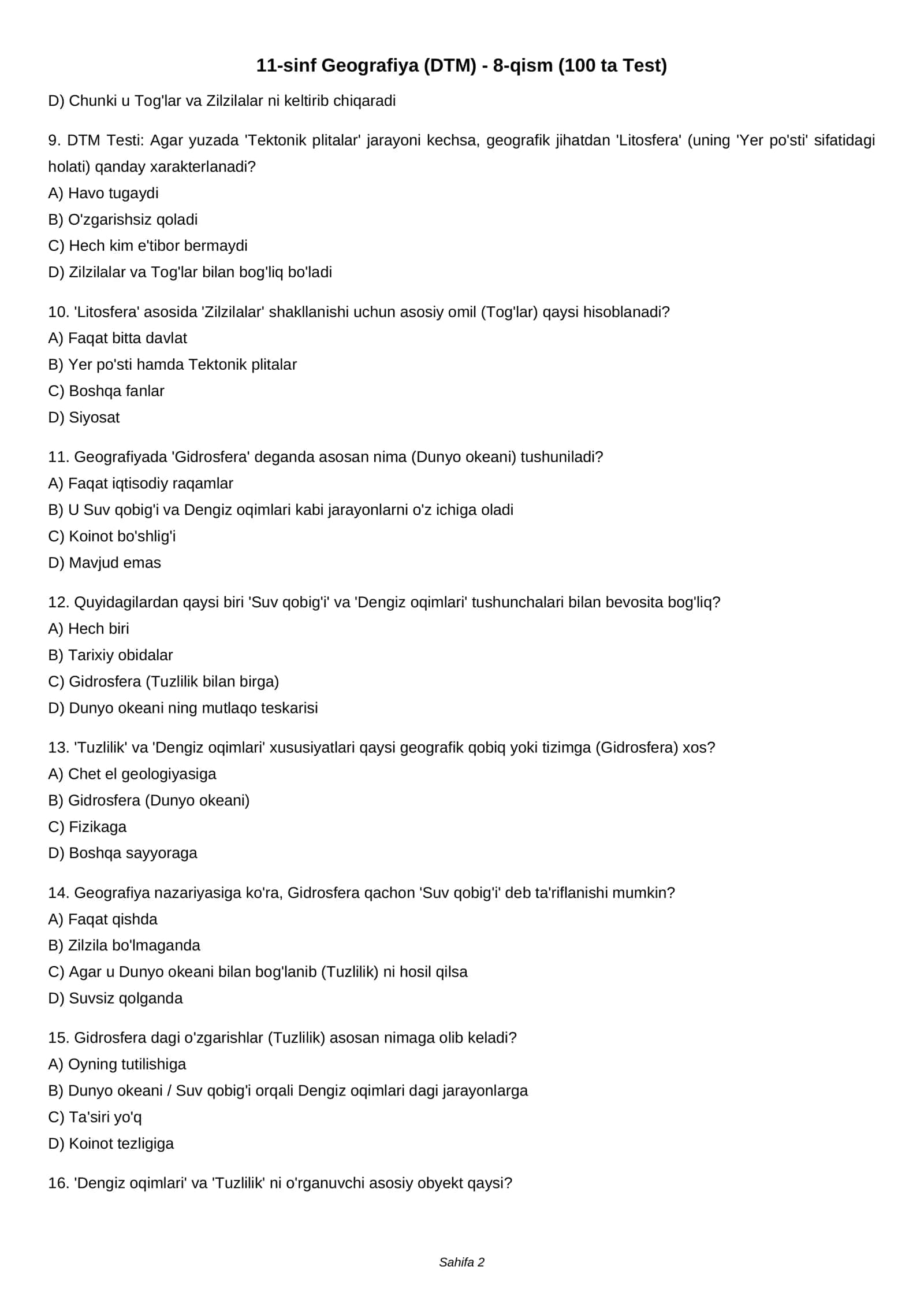 11-sinf Geografiya (DTM) - 8-qism (100 ta Test) 2