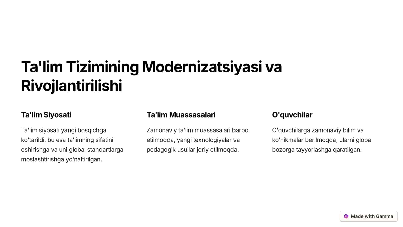 Ta'lim Tizimining Modernizatsiyasi va Rivojlantirilishi 2