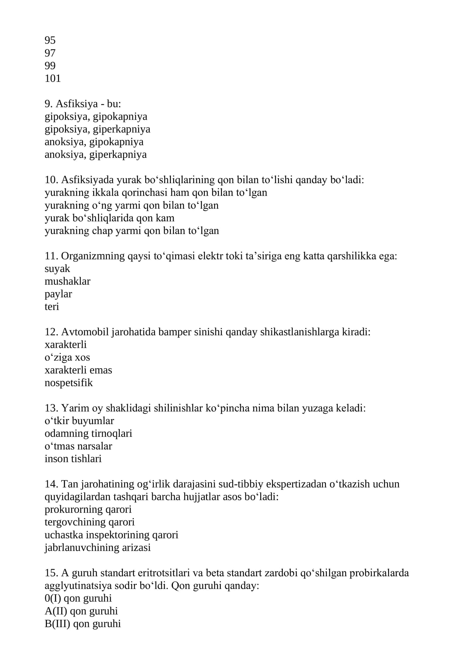 Sud-tibbiy ekspertizasi mutaxassisligi boʻyicha shakllantirilgan test savollari roʻyxati 2026 2