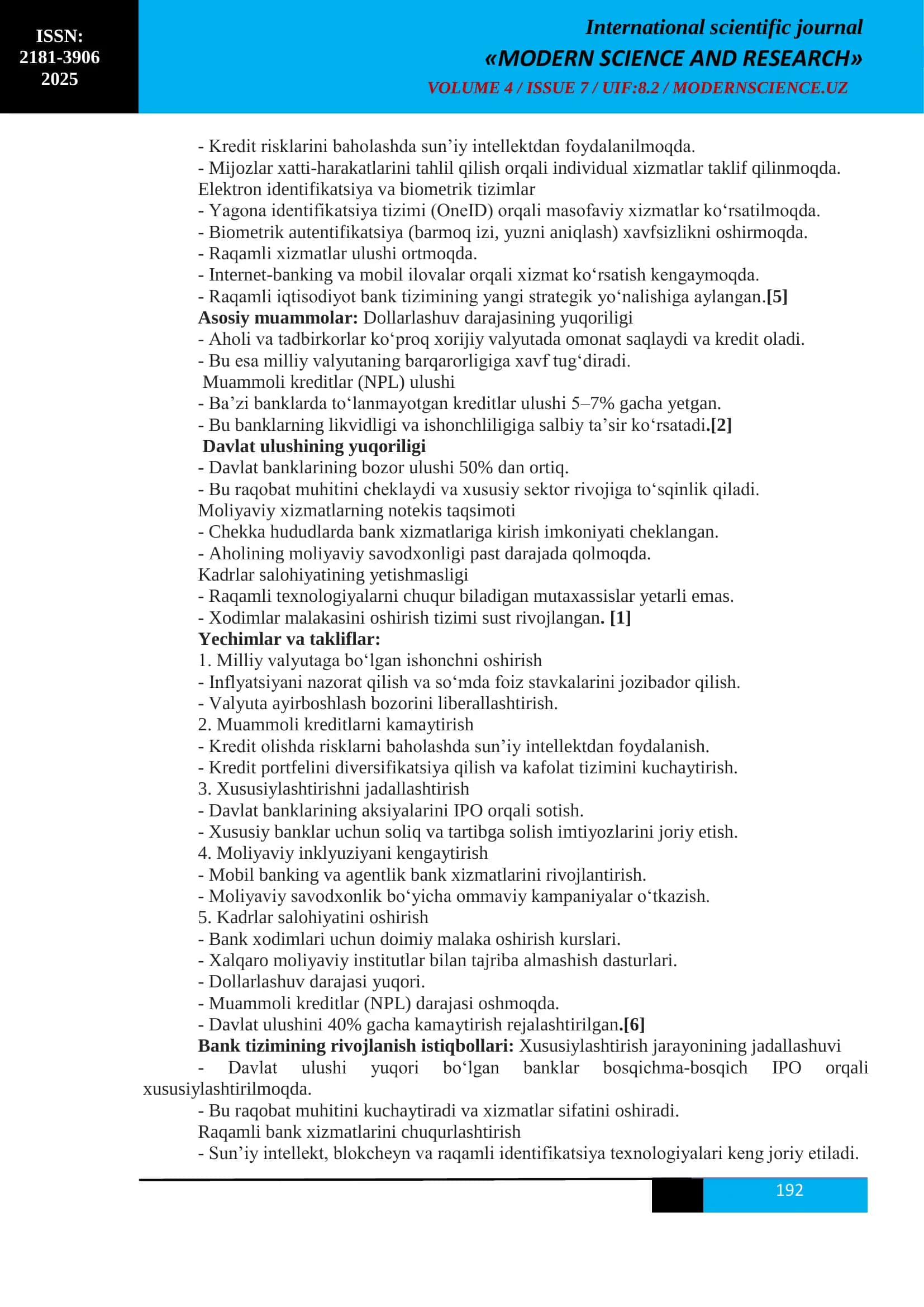 O‘ZBEKISTON BANK TIZIMI: HOLATI, MUAMMOLARI VA RIVOJLANISH ISTIQBOLLARI 2