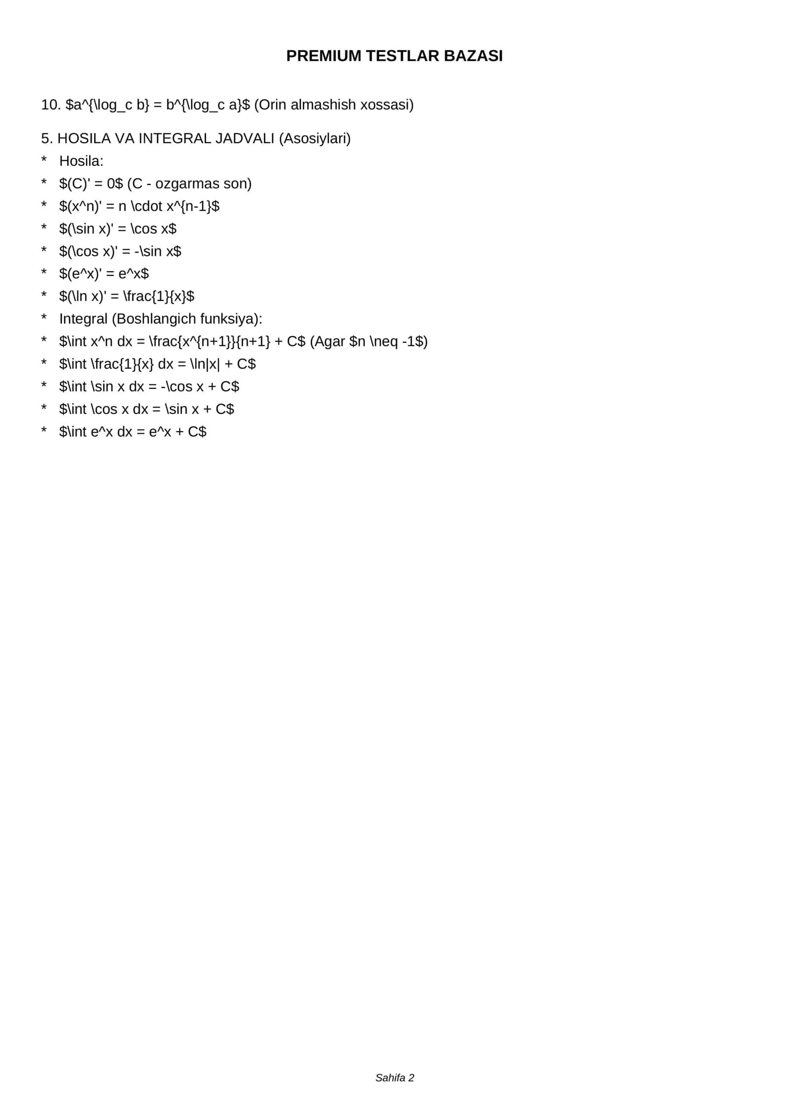 MATEMATIKA FORMULALARI (MEGA SHPARGALKA) 2