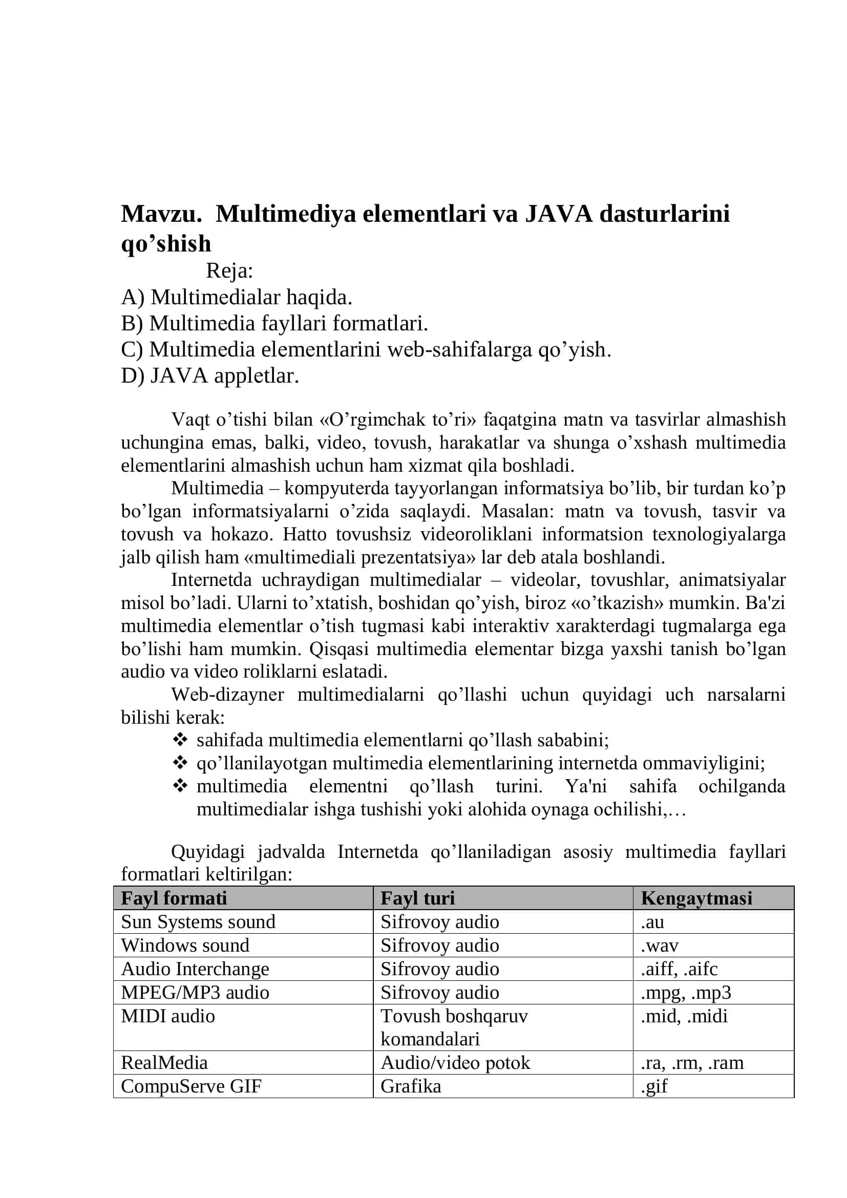 Multimеdiya elеmеntlari va JAVA dasturlarini qo’shish 2