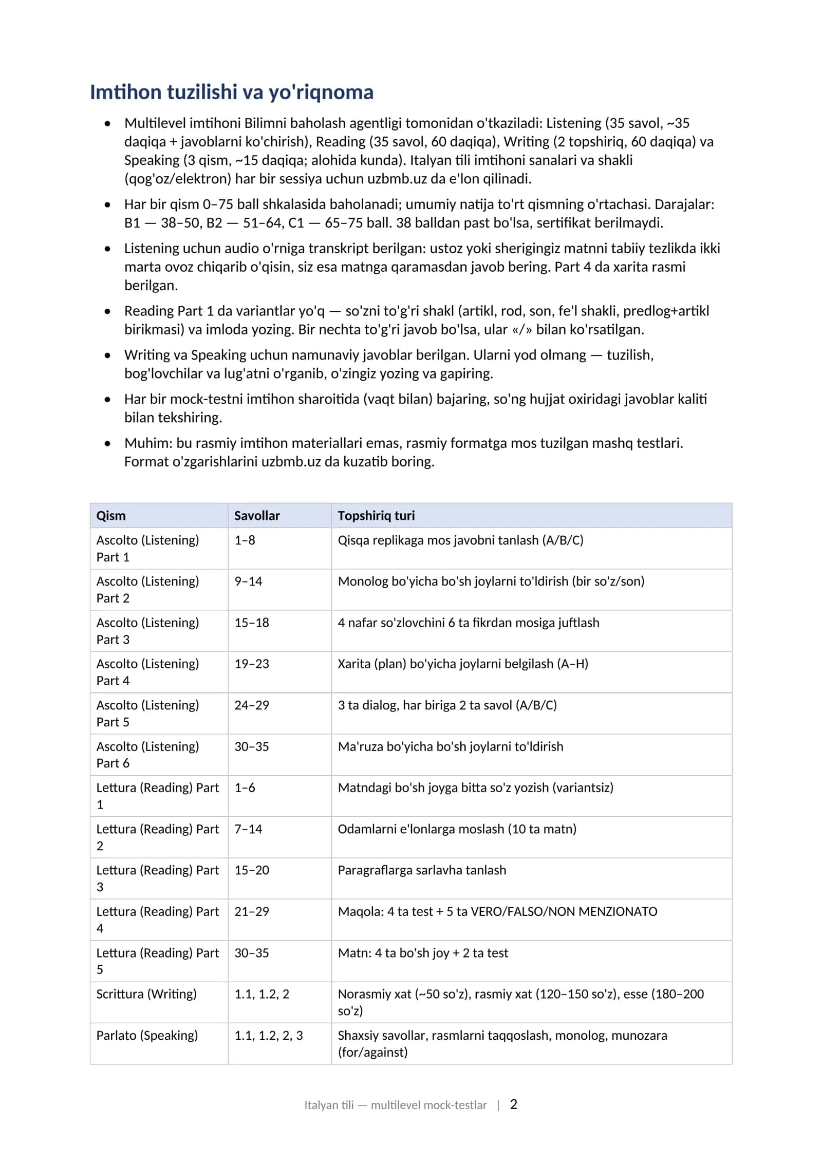 ITALYAN TILI (ITALIANO) Multilevel (CEFR) milliy sertifikat imtihoniga tayyorgarlik: mock-testlar to'plami (2025–2026) 2
