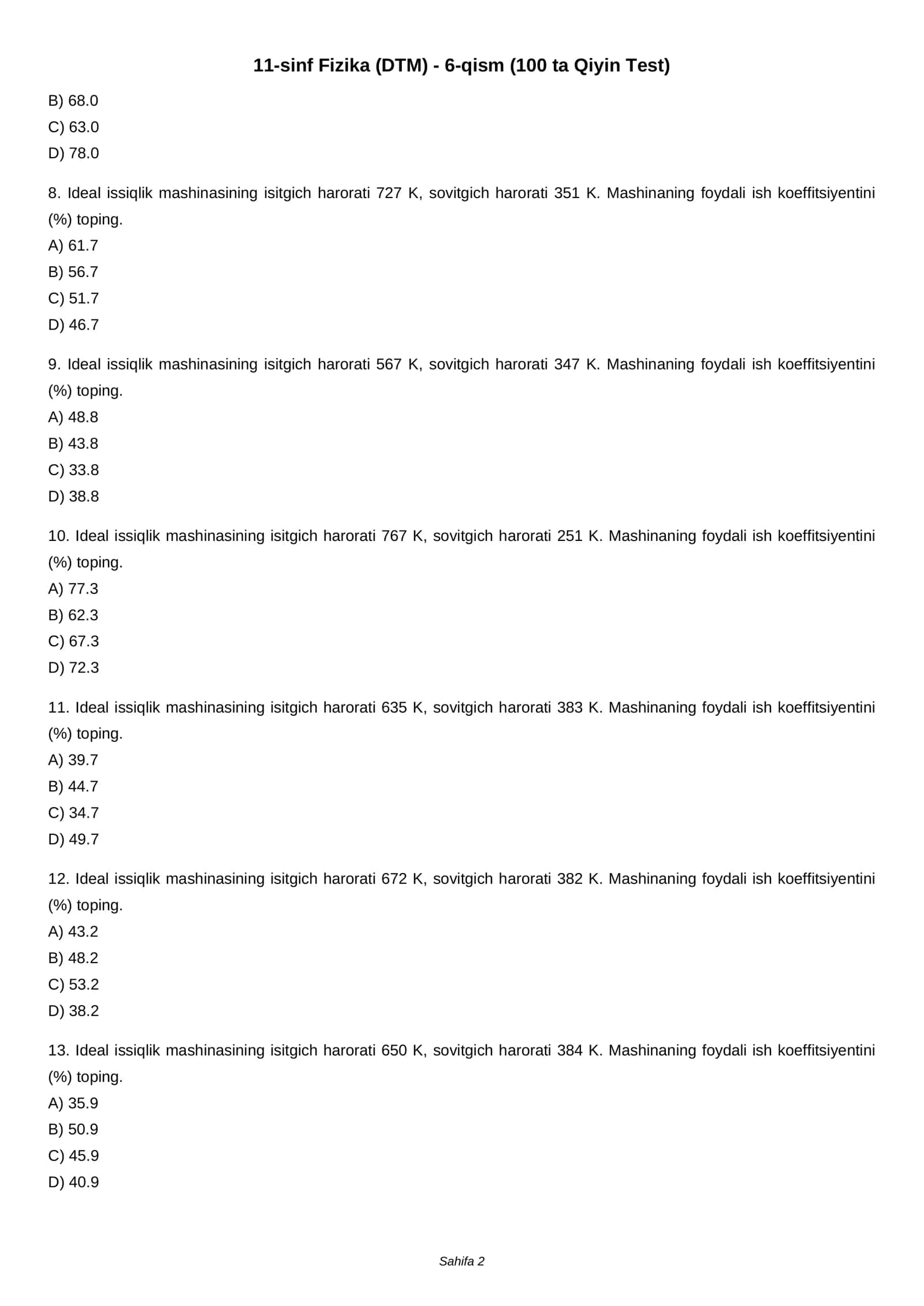 11-sinf Fizika (DTM) - 6-qism (100 ta Qiyin Test) 2