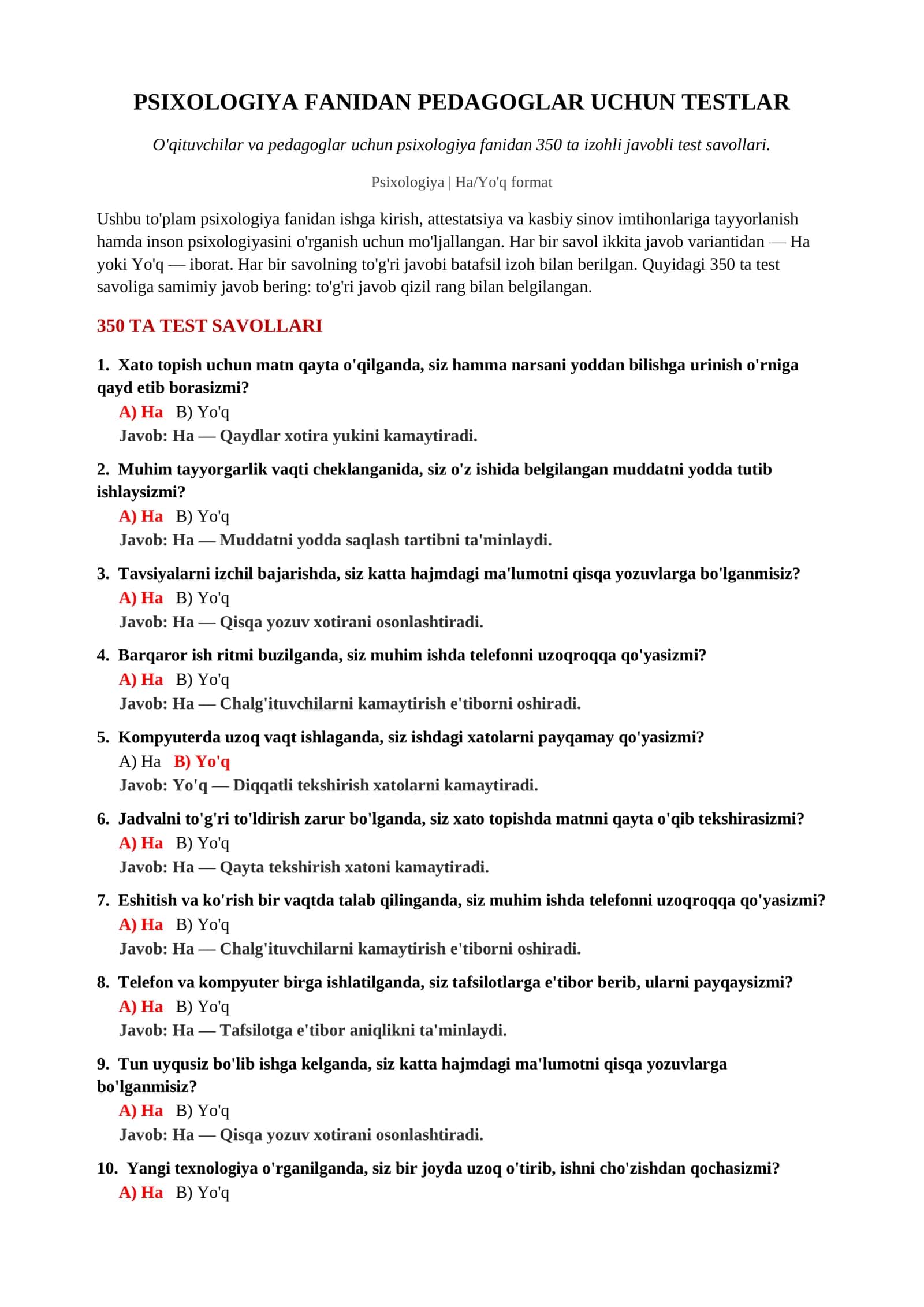 PSIXOLOGIYA FANIDAN PEDAGOGLAR UCHUN TESTLAR 2