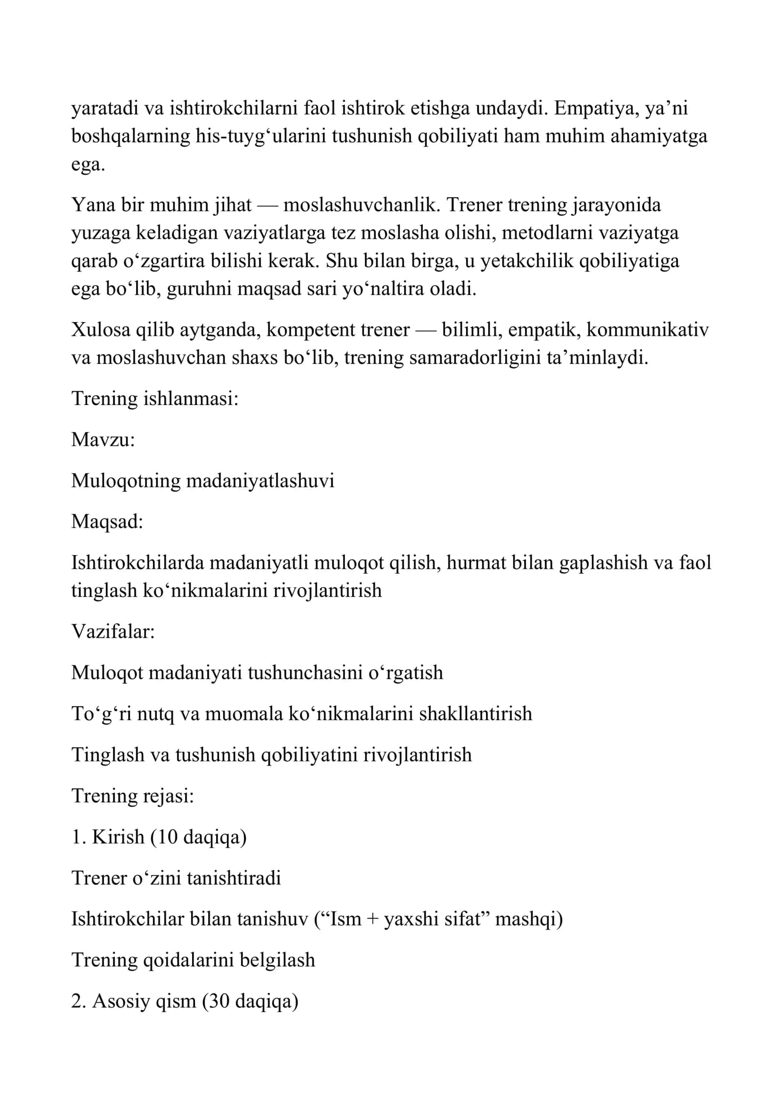 Psixologik trening asoslari. Mustaqil topshiriq 2