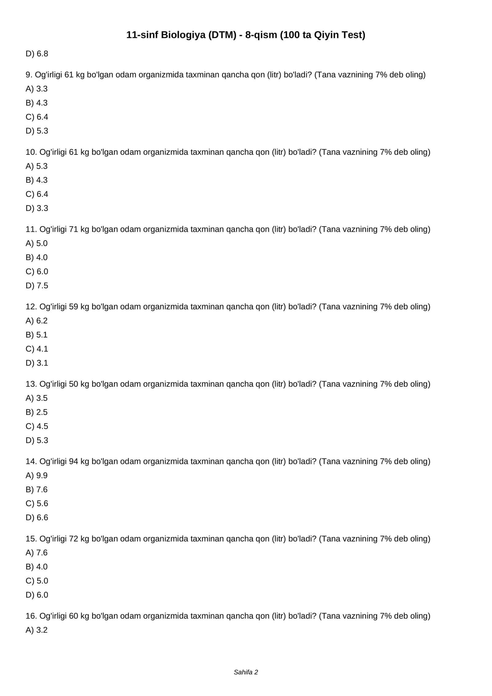 11-sinf Biologiya (DTM) - 8-qism (100 ta Qiyin Test) 2