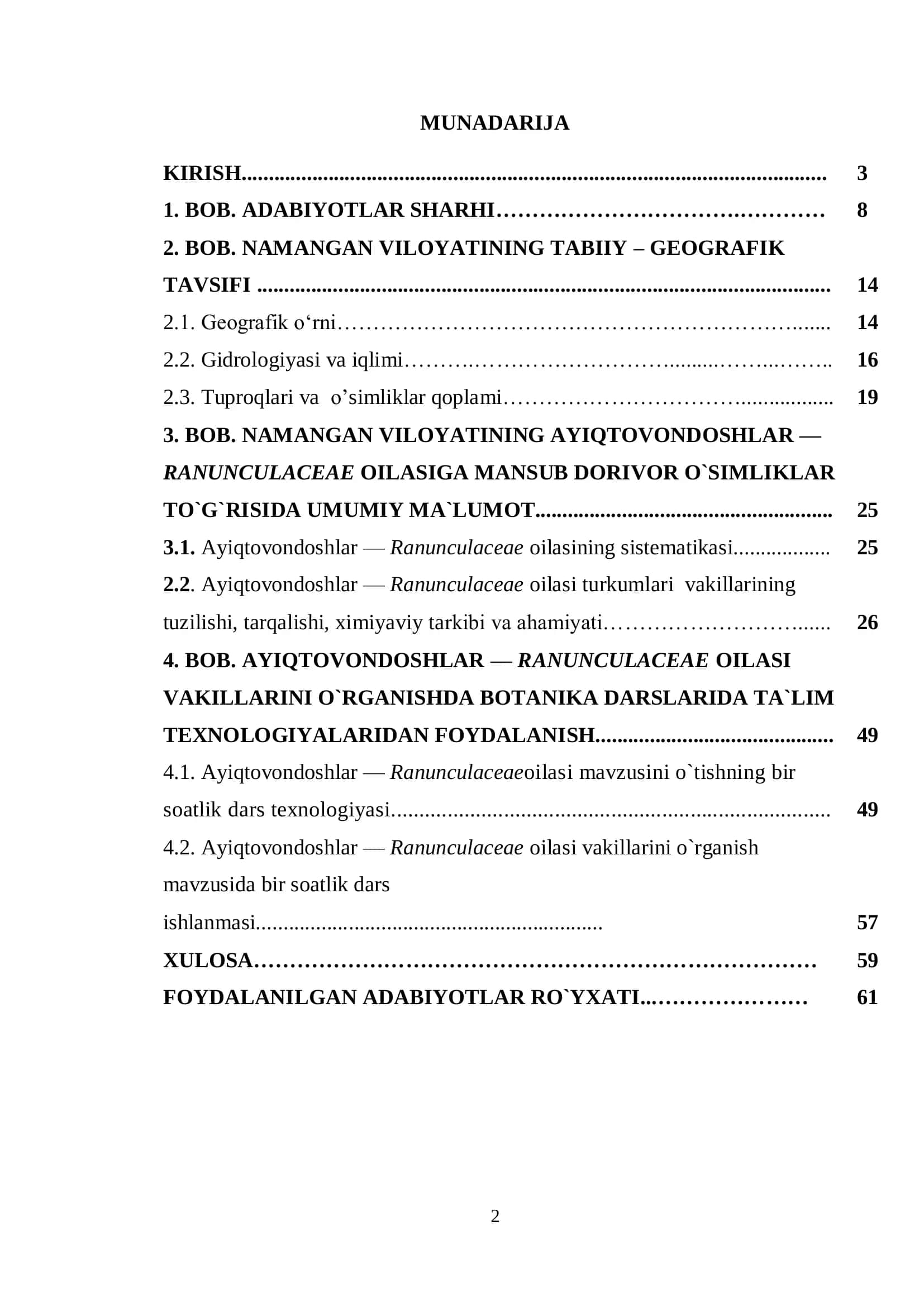 NAMANGAN VILOYATIDA TARQALGAN AYIQTOVONDOSHLAR (RANUNCULACEAC) OILASIGA MANSUB DORIVOR O‘SIMLIKLARNING BIOEKOLOGIYASI 2