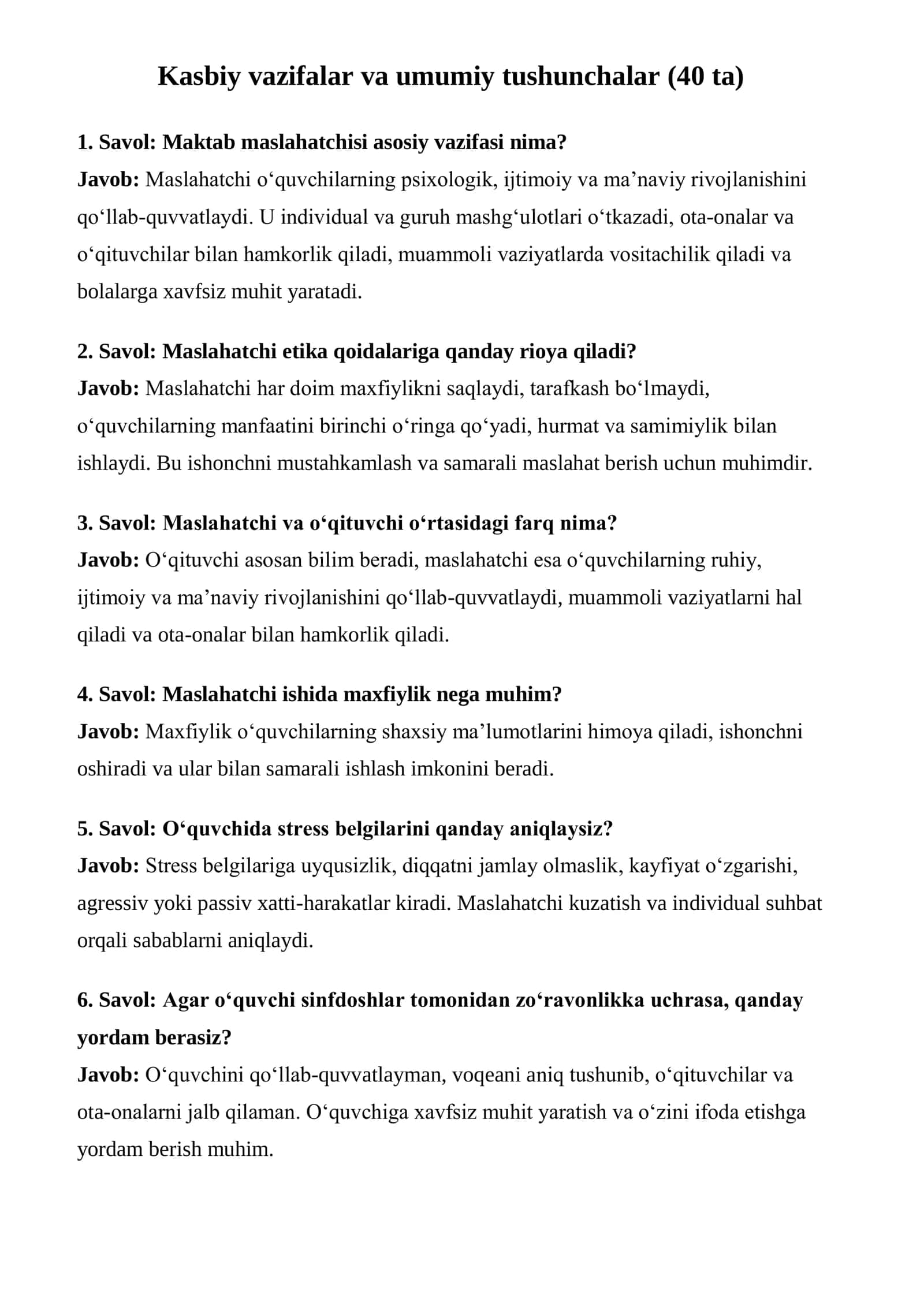 Maktab maslahatchisi suhbat savollari va javoblari 2