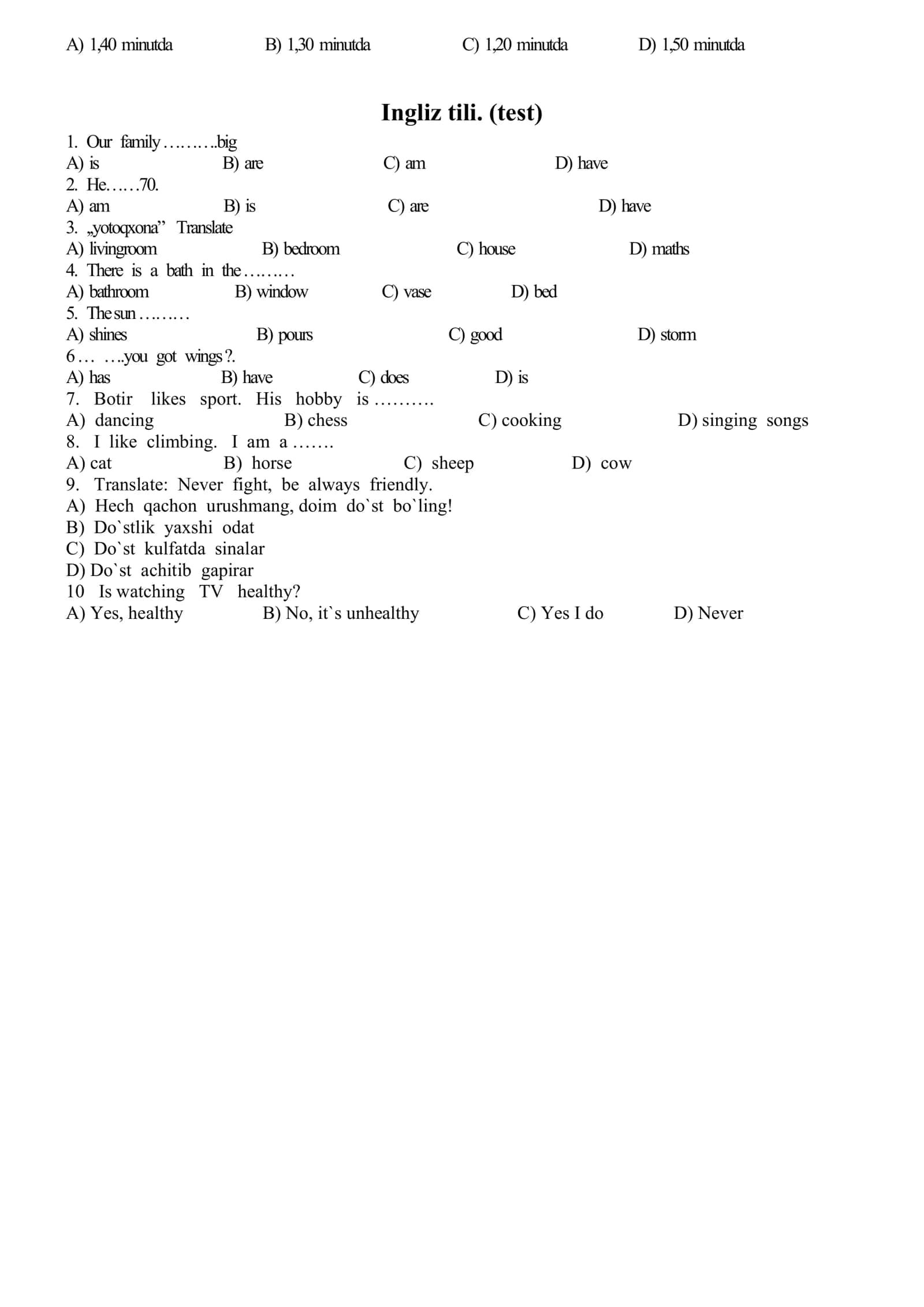 Matematika. Ingliz tili. Ona tili va o`qish savodxonligi Test 3-sinf. Javobli 2