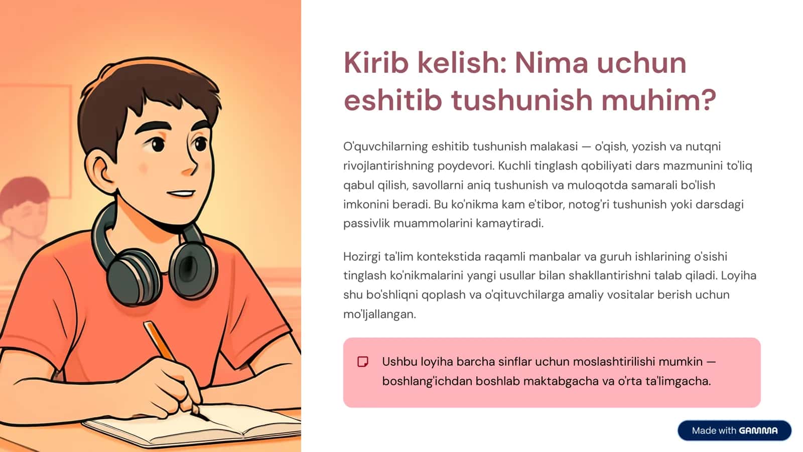 O'quvchilarning eshitib tushunish malakasini rivojlantirishga loyiha 2