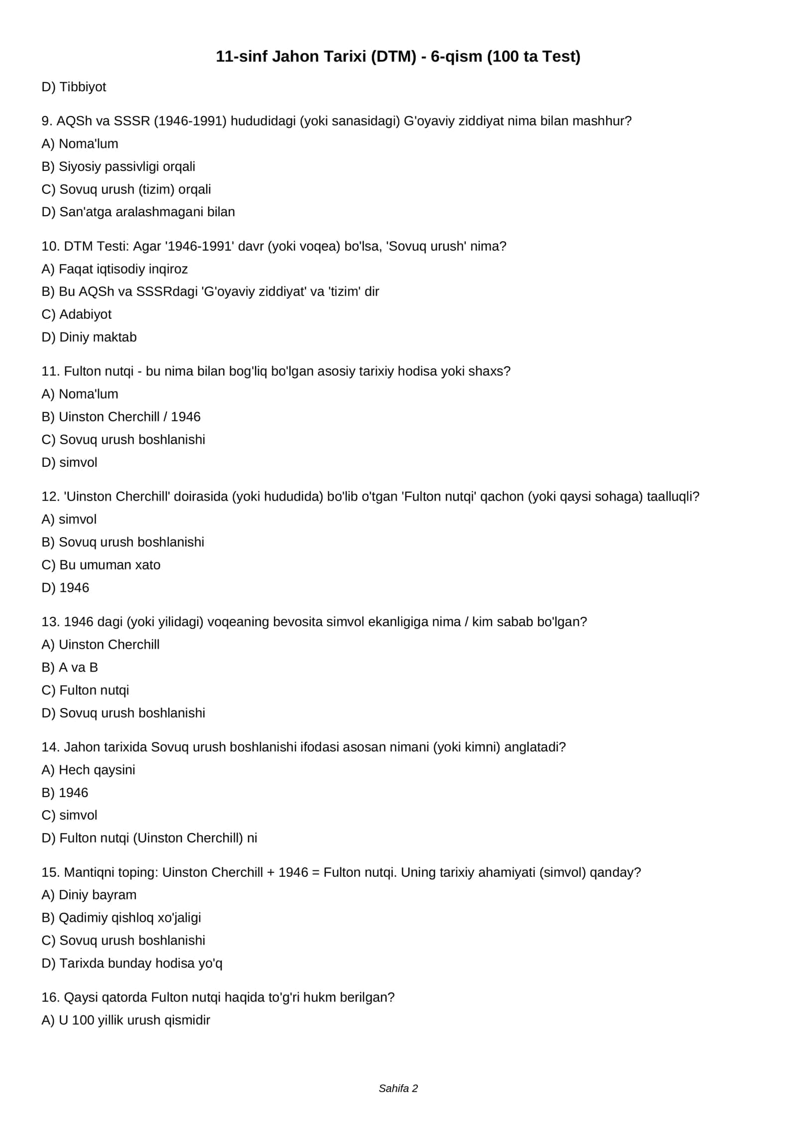 11-sinf Jahon Tarixi (DTM) - 6-qism (100 ta Test) 2