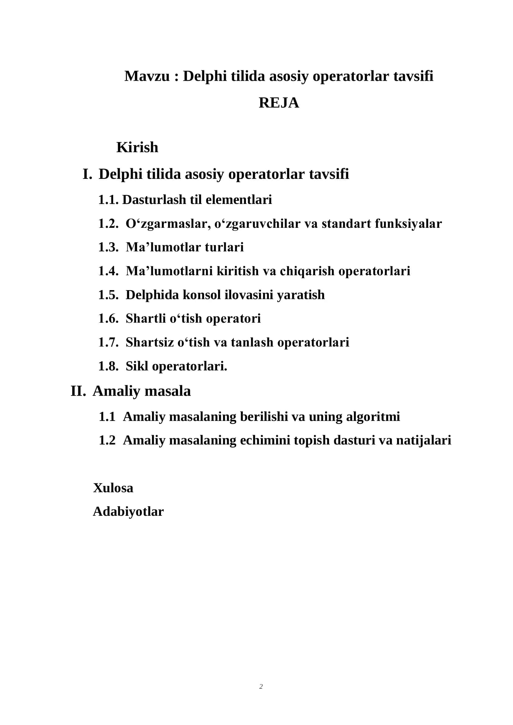 Delphi tilida asosiy operatorlar tavsifi 2