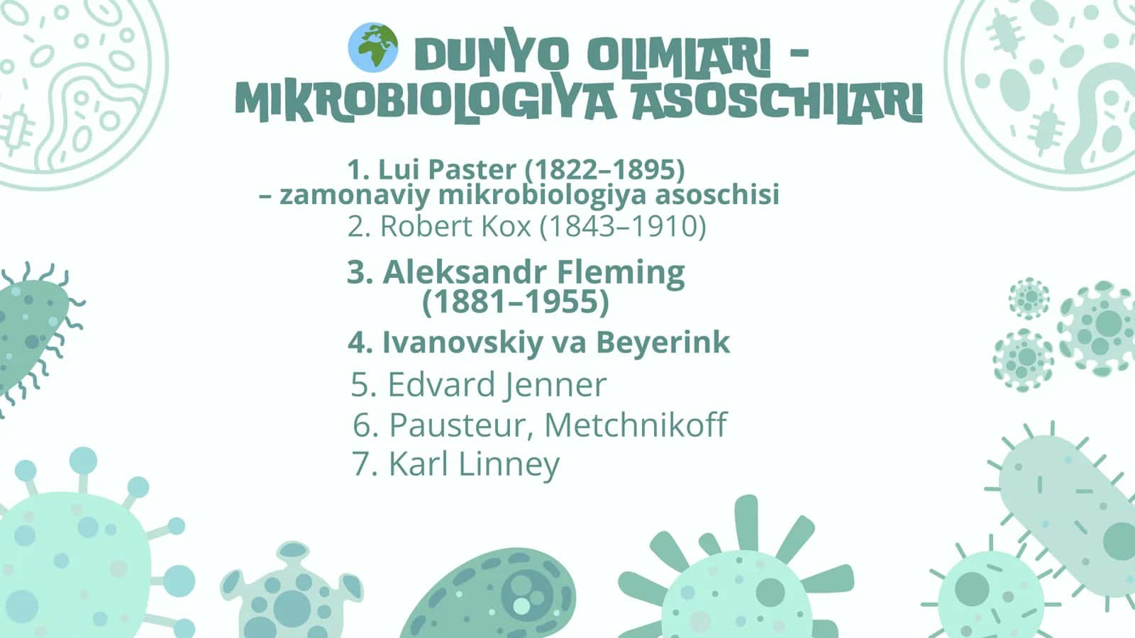 MIKROBIOLOGIYA, VIRUSOLOGIYA, IMMUNOLOGIYA, PARAZITOLOGIYA MODULINI RIVOJLANISHIGA HISSA QO'SHGAN DUNYO VA O’ZBEKISTONNING YETAKCHI OLIMLARI 2