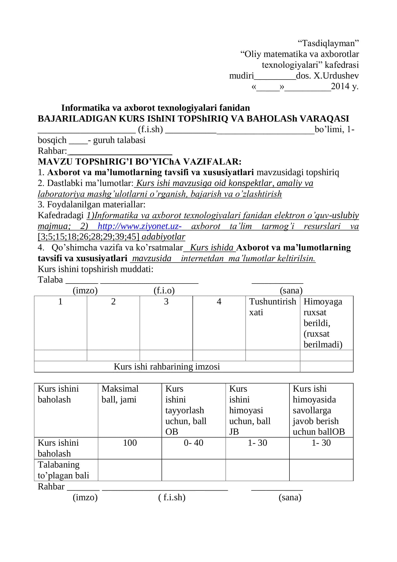KURS IShI - Axborot va ma’lumotlarning tavsifi va xususiyatlari 2