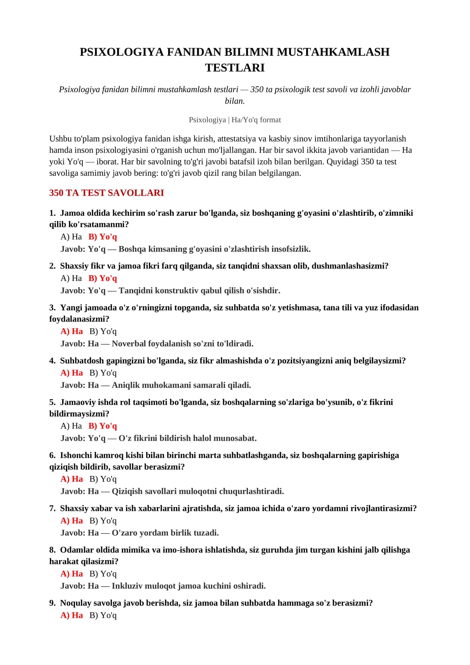 Psixologiya Fanidan Bilimni Mustahkamlash Testlari 2