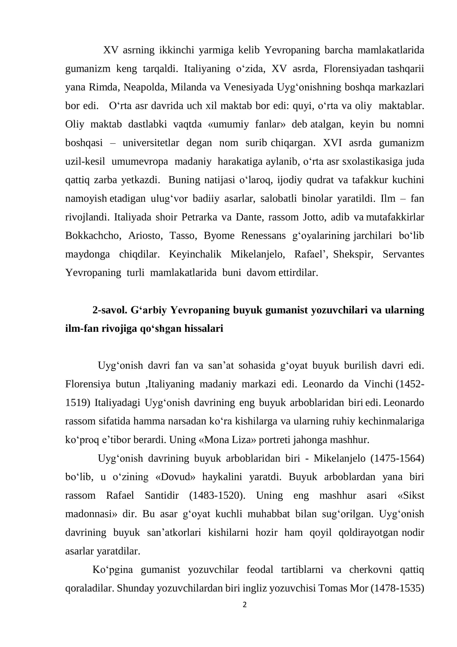 G‘arbiy Yevropada Uyg‘onish davri. XIV-XVI asrlar Yevropada ilmiy bilimlar rivojida yangi davr 2