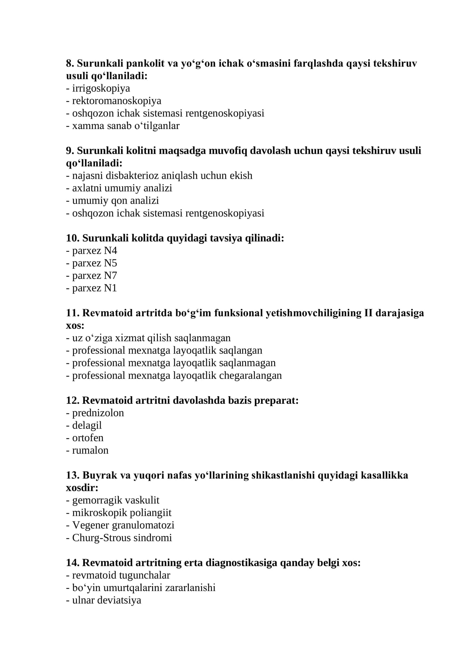Terapiya Mutaxassisligi bo'yicha test savollari ro'yxati 2