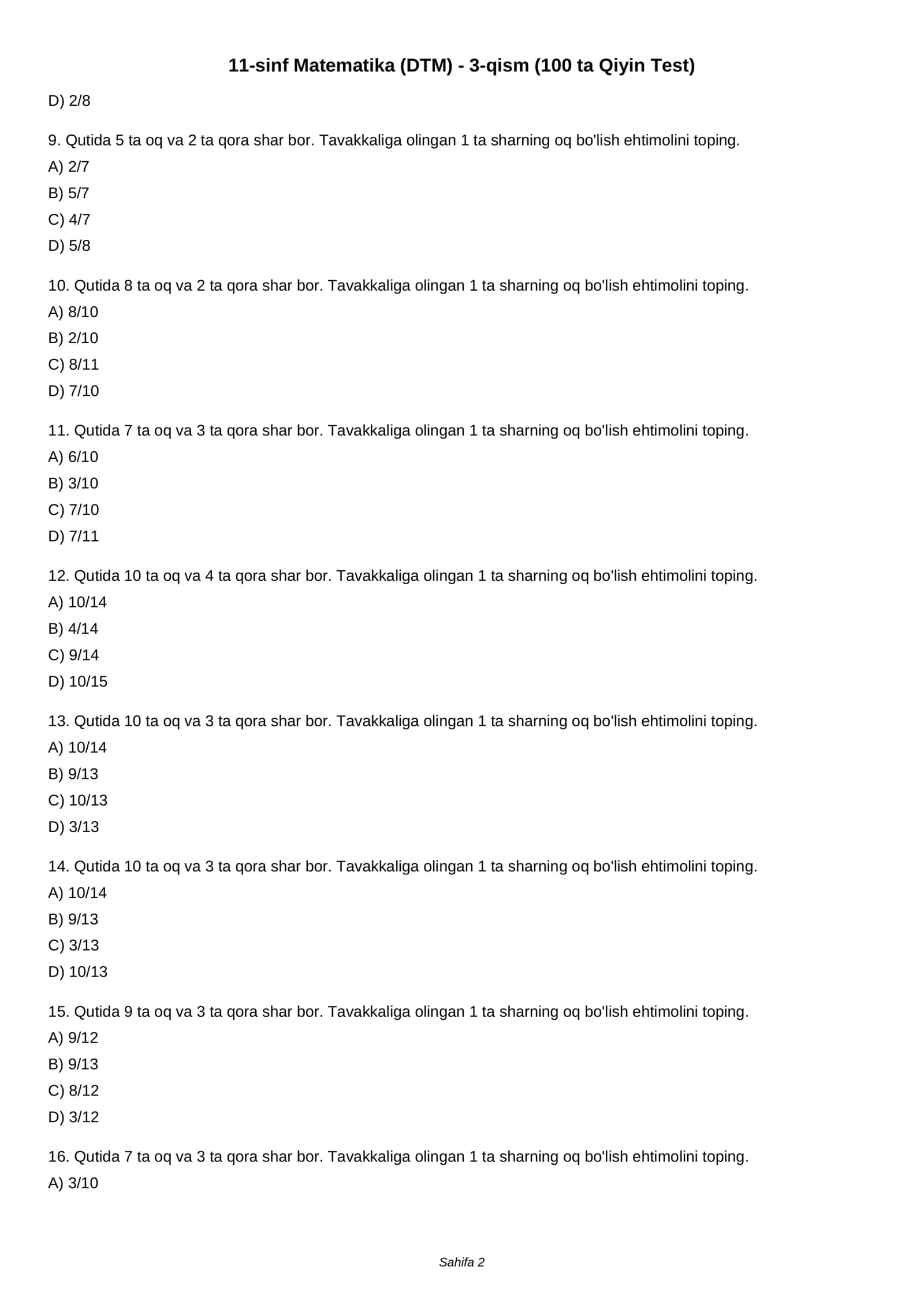 11-sinf Matematika (DTM) - 3-qism (100 ta Qiyin Test) 2