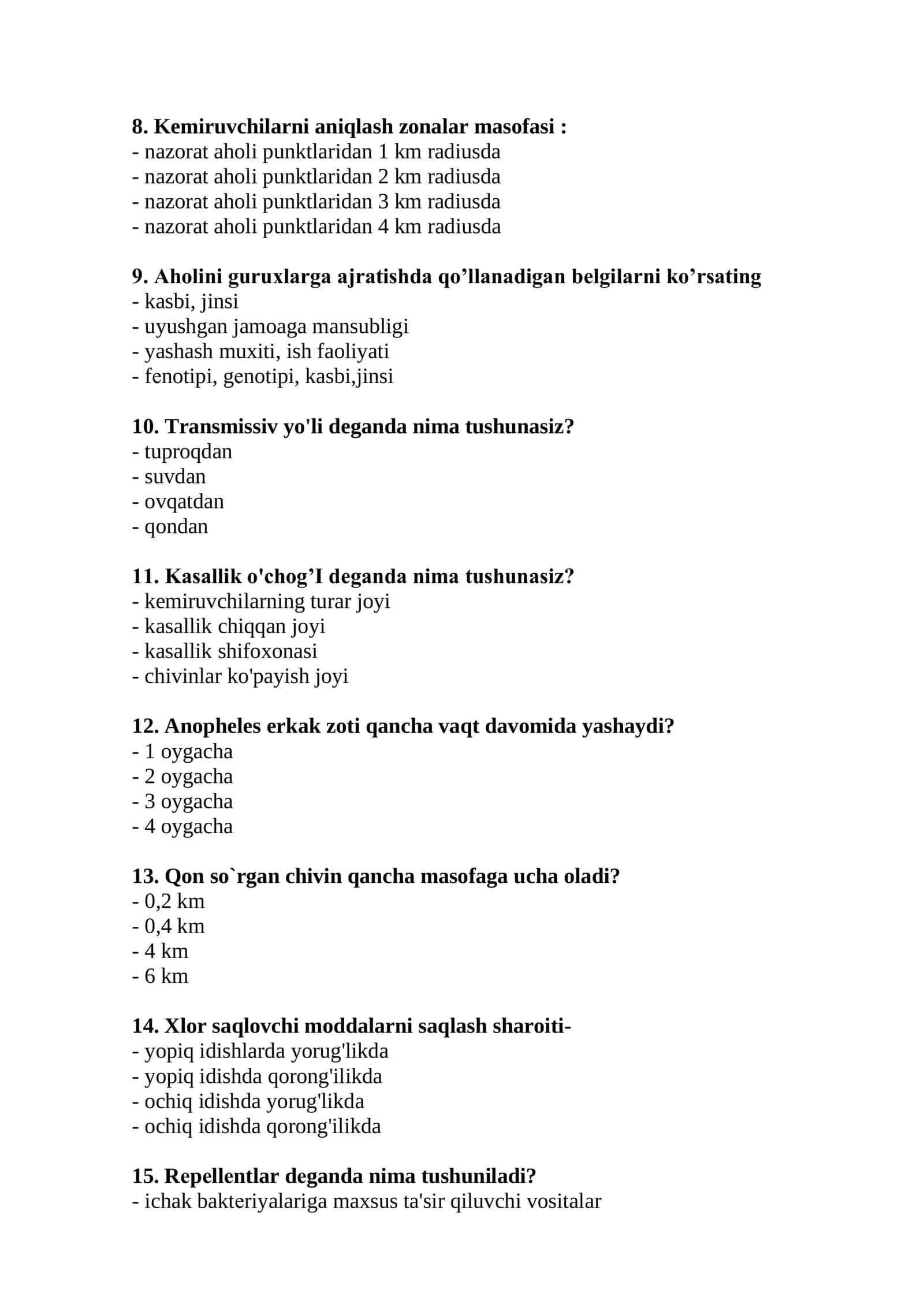 Tibbiy profilaktika ishi (parazitolog vrach yordamchilari uchun) mutaxassisligi bo'yicha shakllantirilgan test savollari ro'yxati 2