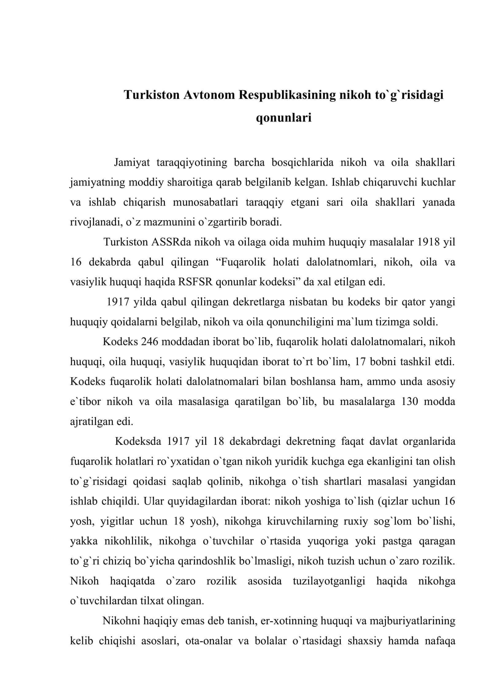Mustaqillikga qadar O`zbekitonda nikoh munosabatlarining huquqiy tartibga solinishi 2