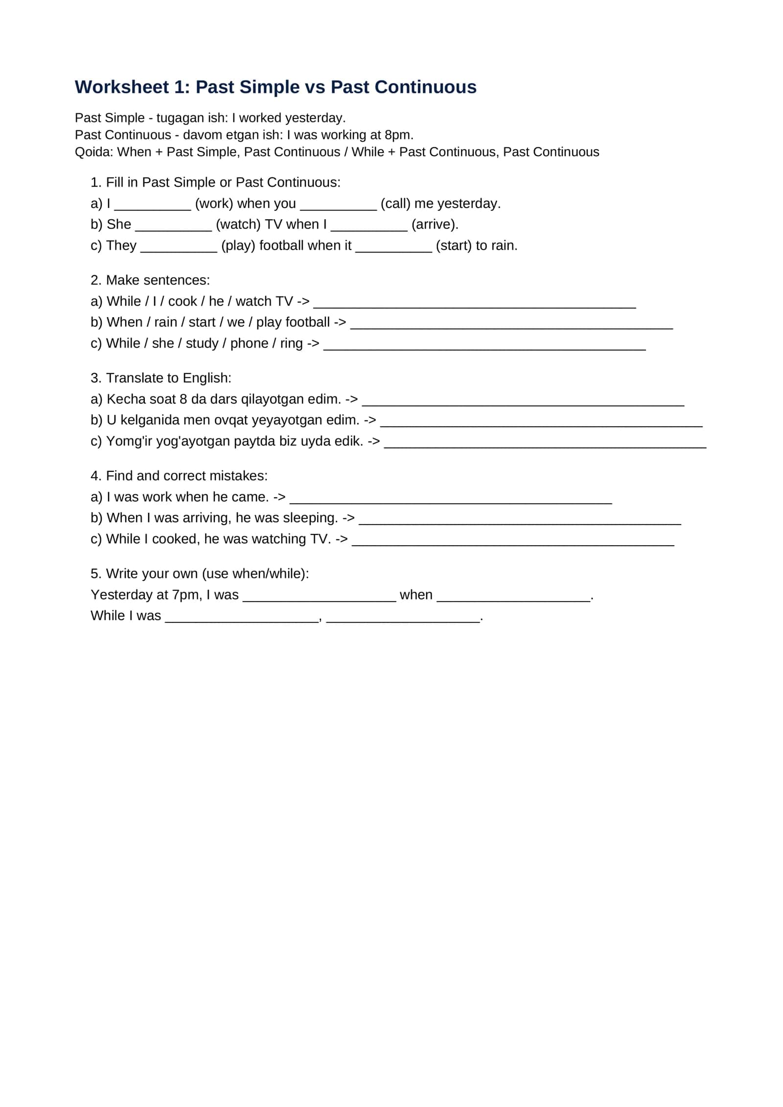 Intermediate English Worksheets (Ingiliz Tili) 2