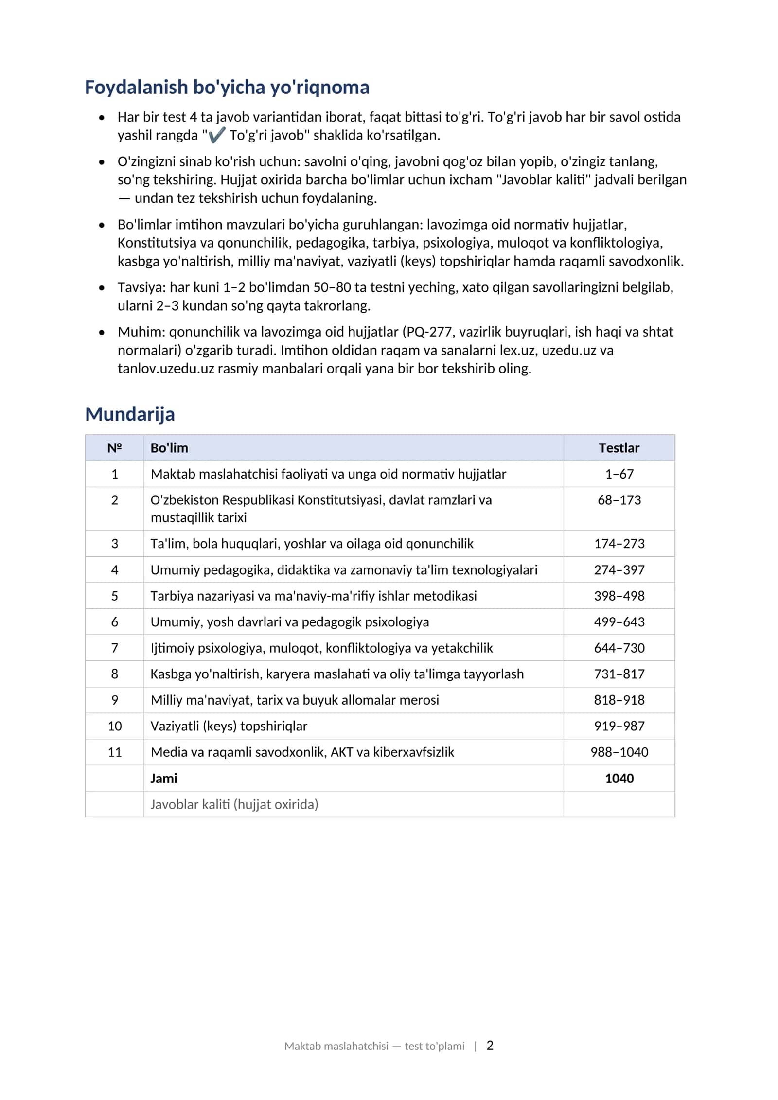 MAKTAB MASLAHATCHISI uchun test to'plami (1040 dona) 2026y. Eng oxirgi variant 2