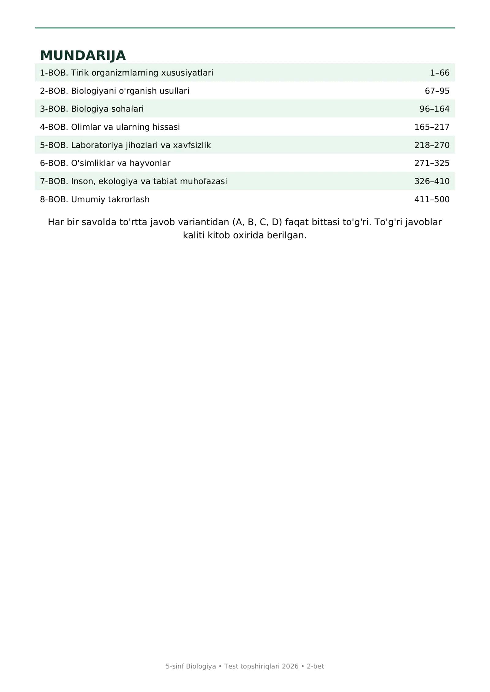 5-sinf BIOLOGIYA FANIDAN TEST TOPSHIRIQLARI 2