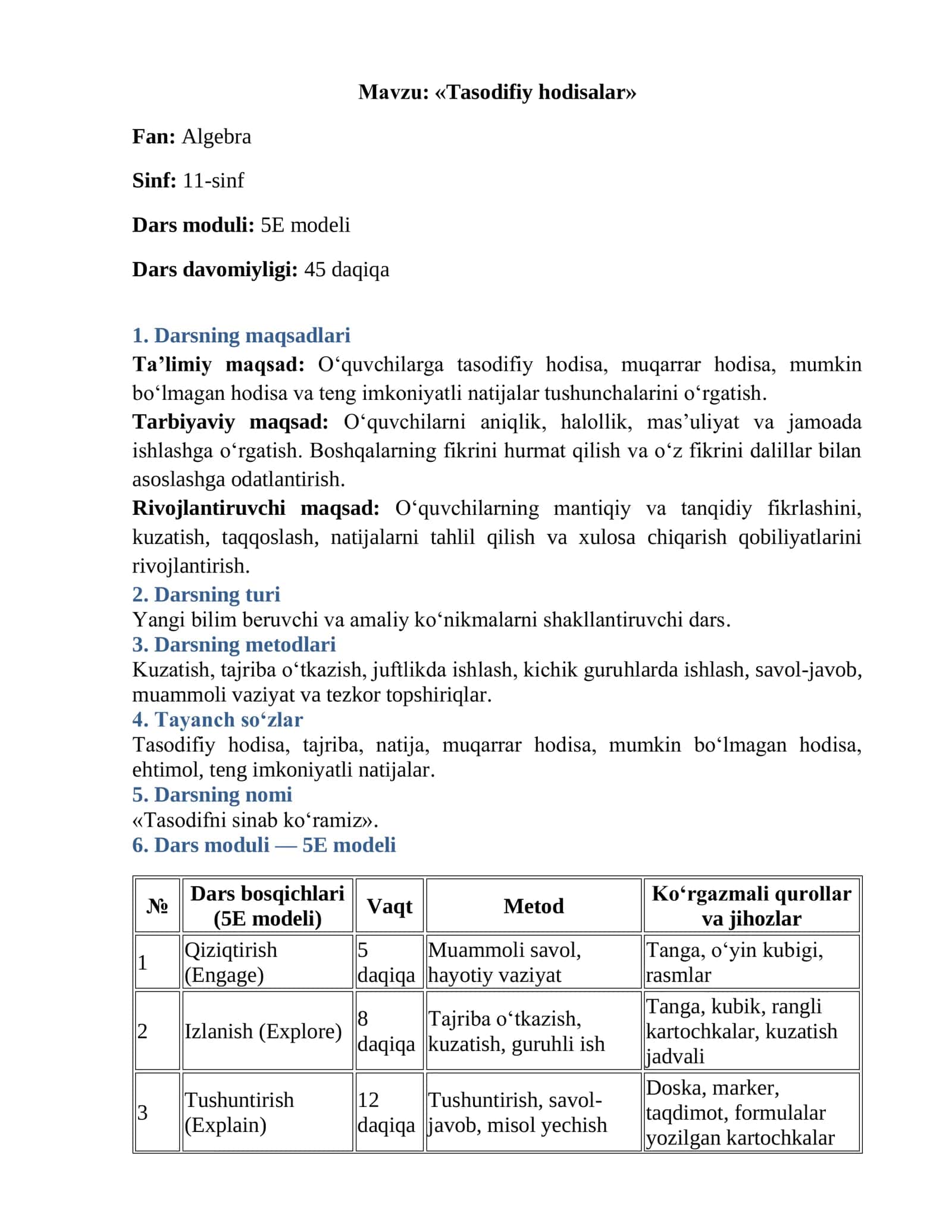 «Tasodifiy hodisalar» Fan: Algebra - 11-sinf 2