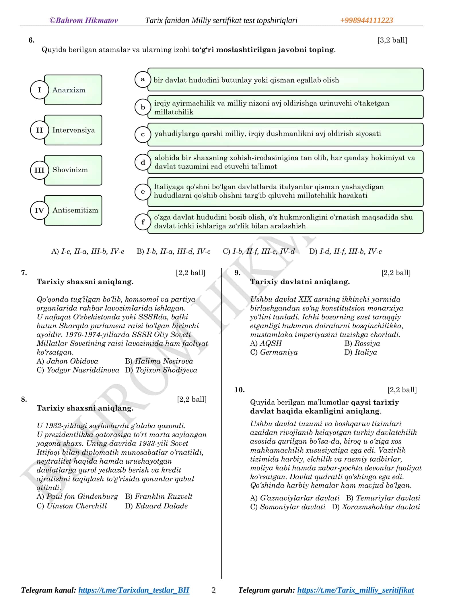 Milliy sertifikat test topshiriqlari 2