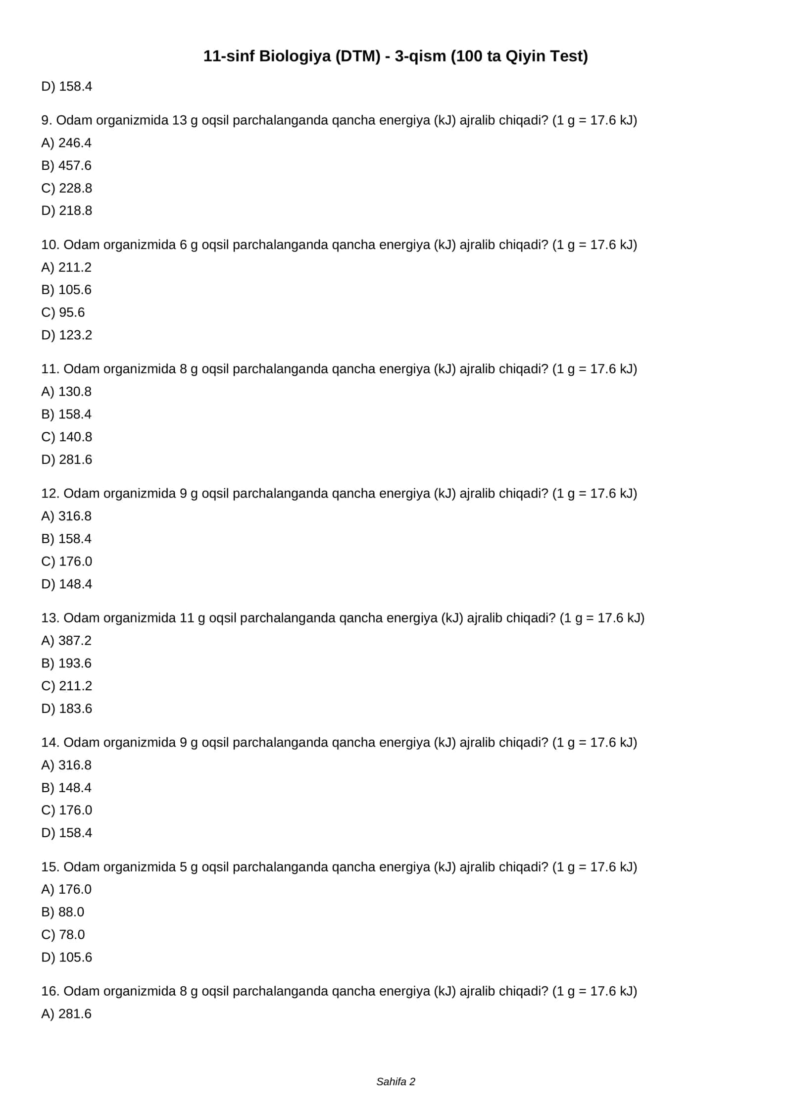 11-sinf Biologiya (DTM) - 3-qism (100 ta Qiyin Test) 2