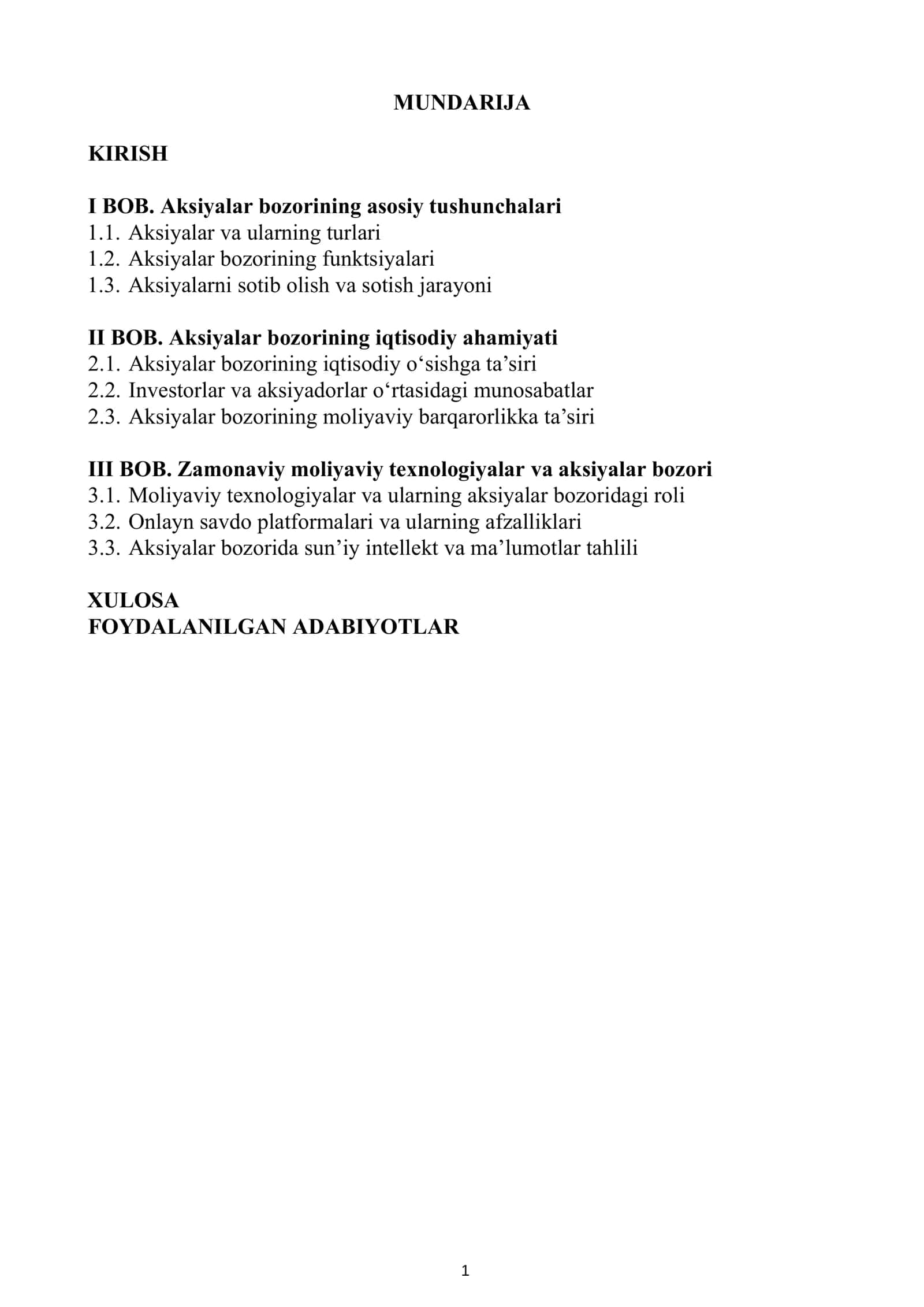 Moliya bozorlari va moliyaviy texnologiyalari fanidantayyorlagan 2