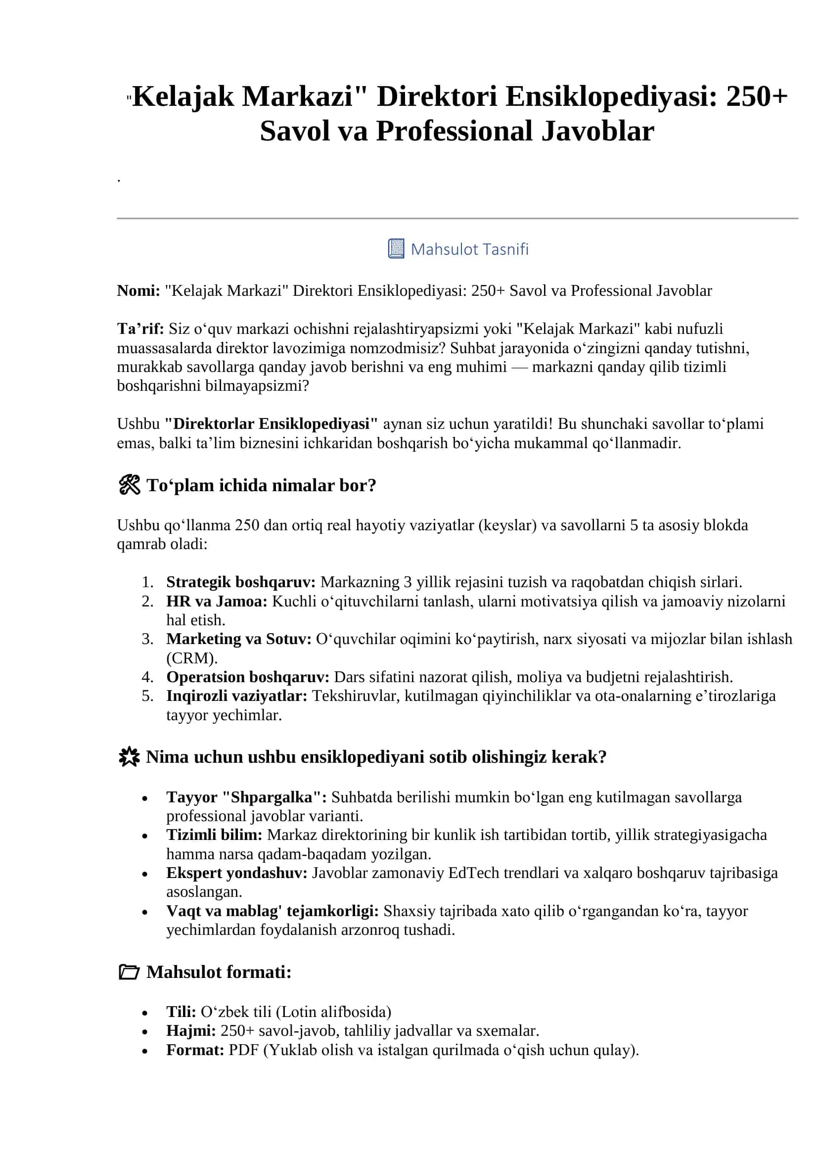 "Kelajak Markazi" Direktori Ensiklopediyasi: 250+ Savol va Professional Javoblar 2