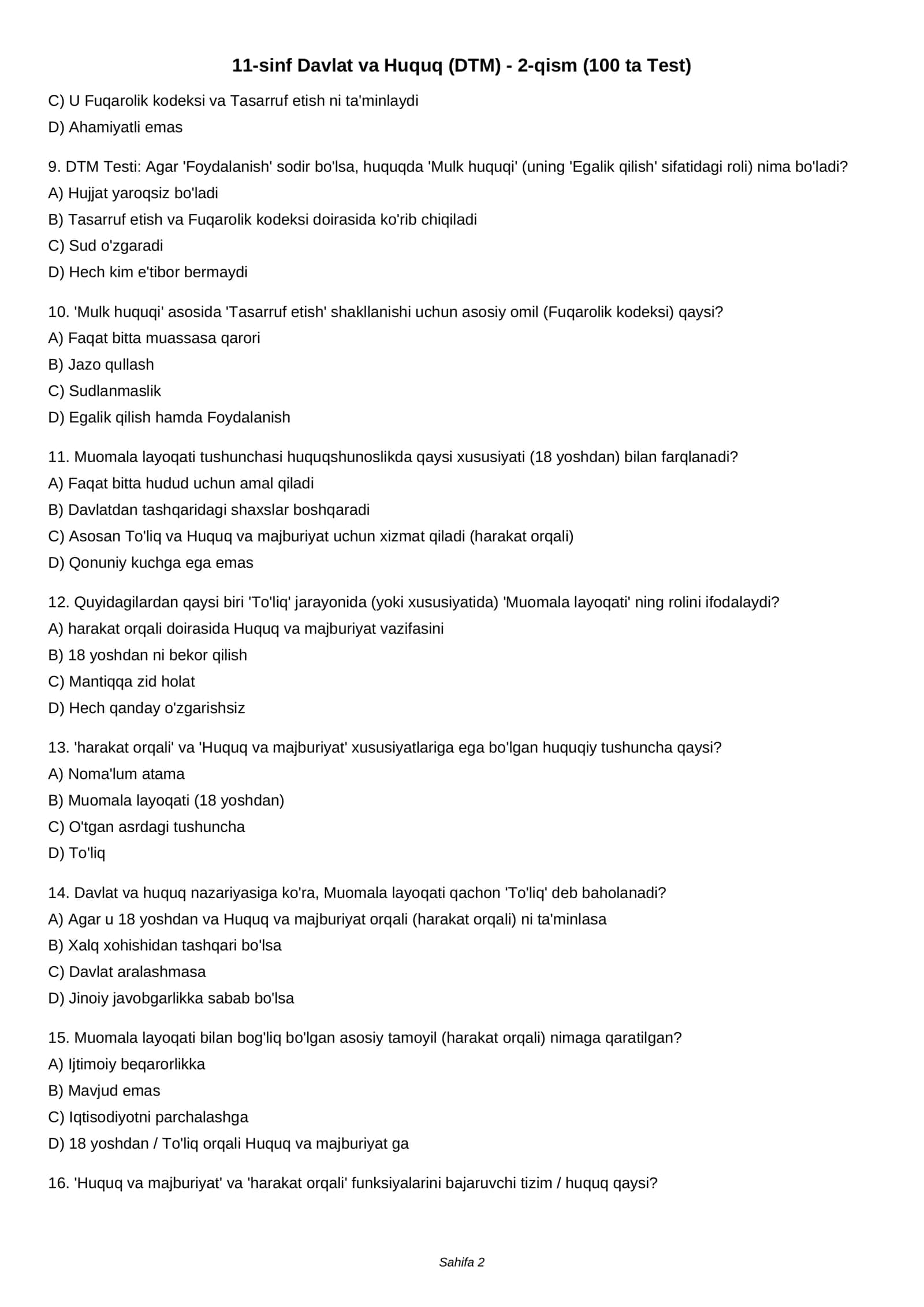 11-sinf Davlat va Huquq (DTM) - 2-qism (100 ta Test) 2