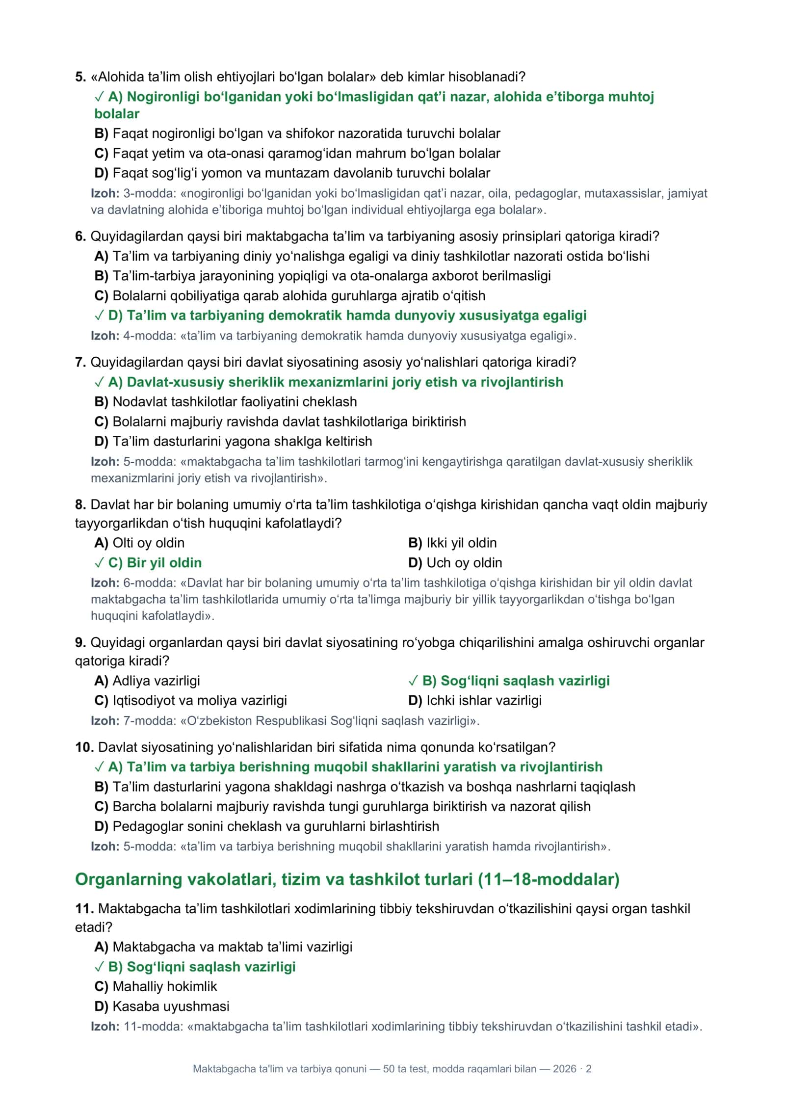 Maktabgacha ta'lim va tarbiya qonuni — 50 ta test 2