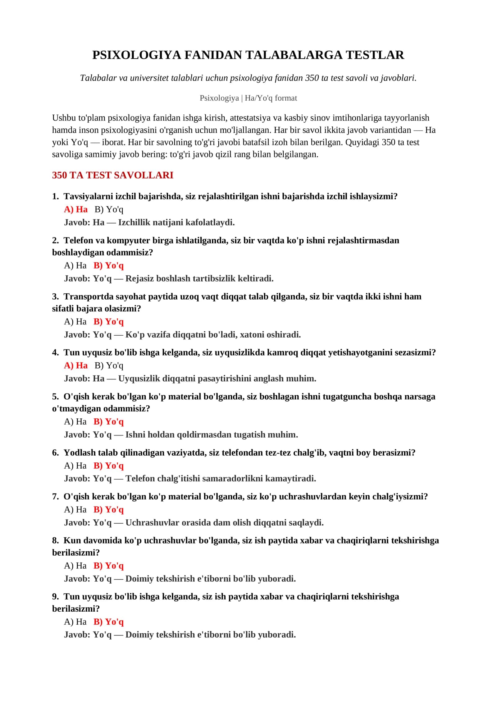 PSIXOLOGIYA FANIDAN TALABALARGA TESTLAR 2