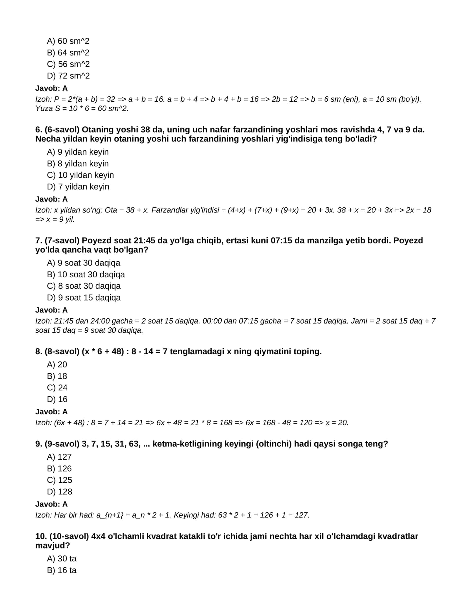 MATEMATIKA (BOSHLANG'ICH TA'LIM BO'YICHA CHUQURLASHTIRILGAN) - 1-QISM (100 TA TEST) 2