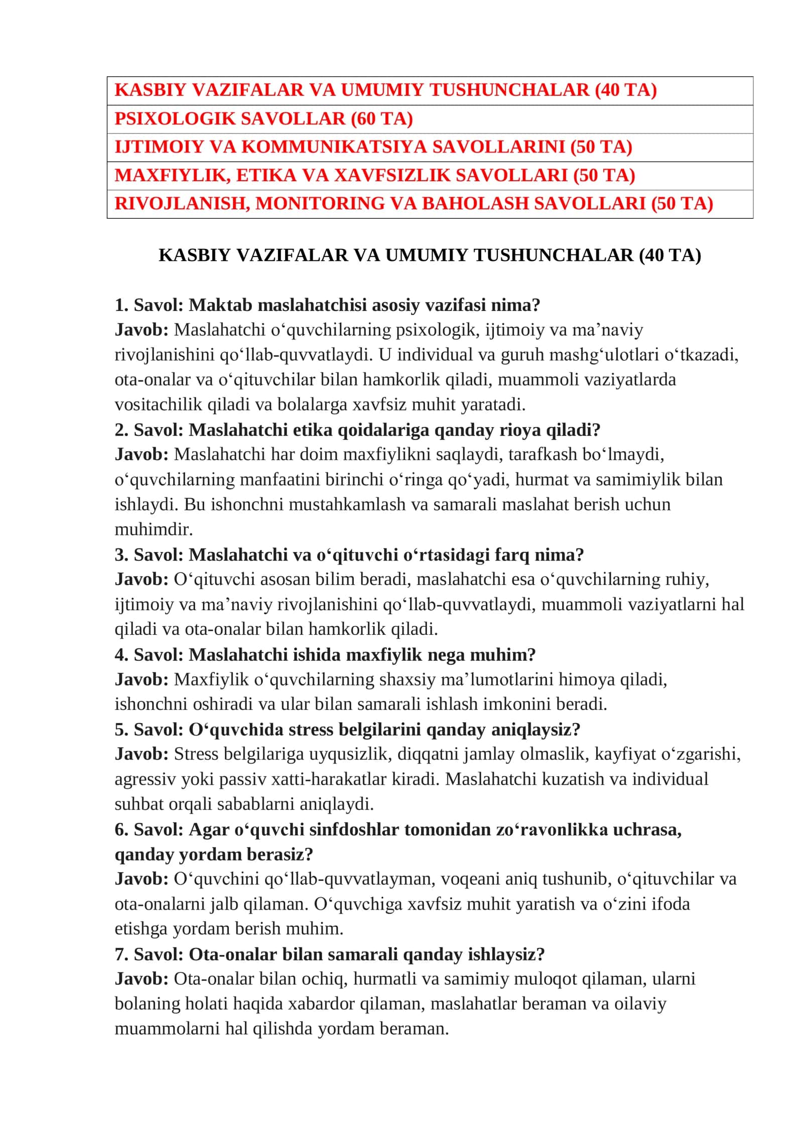 Maktab Maslahatchisi ARGOS Suhbat Savol-Javoblari — 250 ta Savol va Javob 2