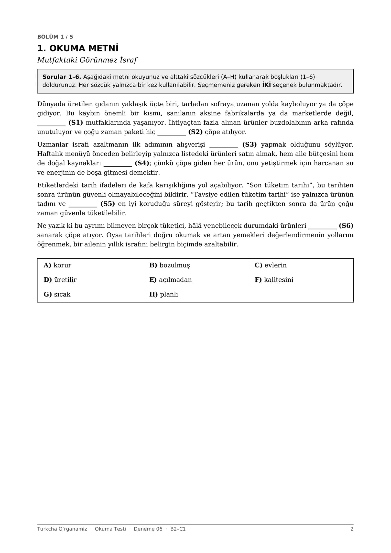 Turk tili Okuma testlari 06-10 deneme B2-C1 (Milliy sertifikat formati, javoblar bilan) 2