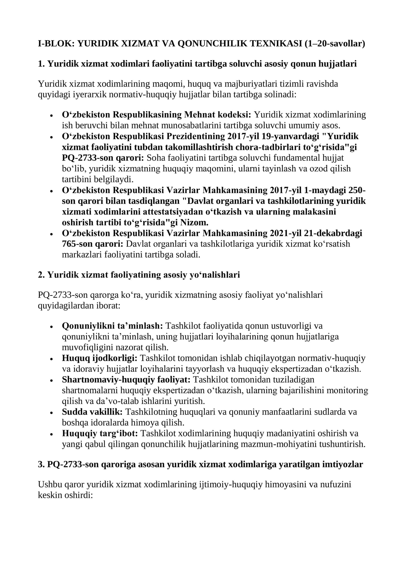 YURIDIK BO'LIM SUHBAT SAVOLLARI JAVOBLARI BILAN 2026 2