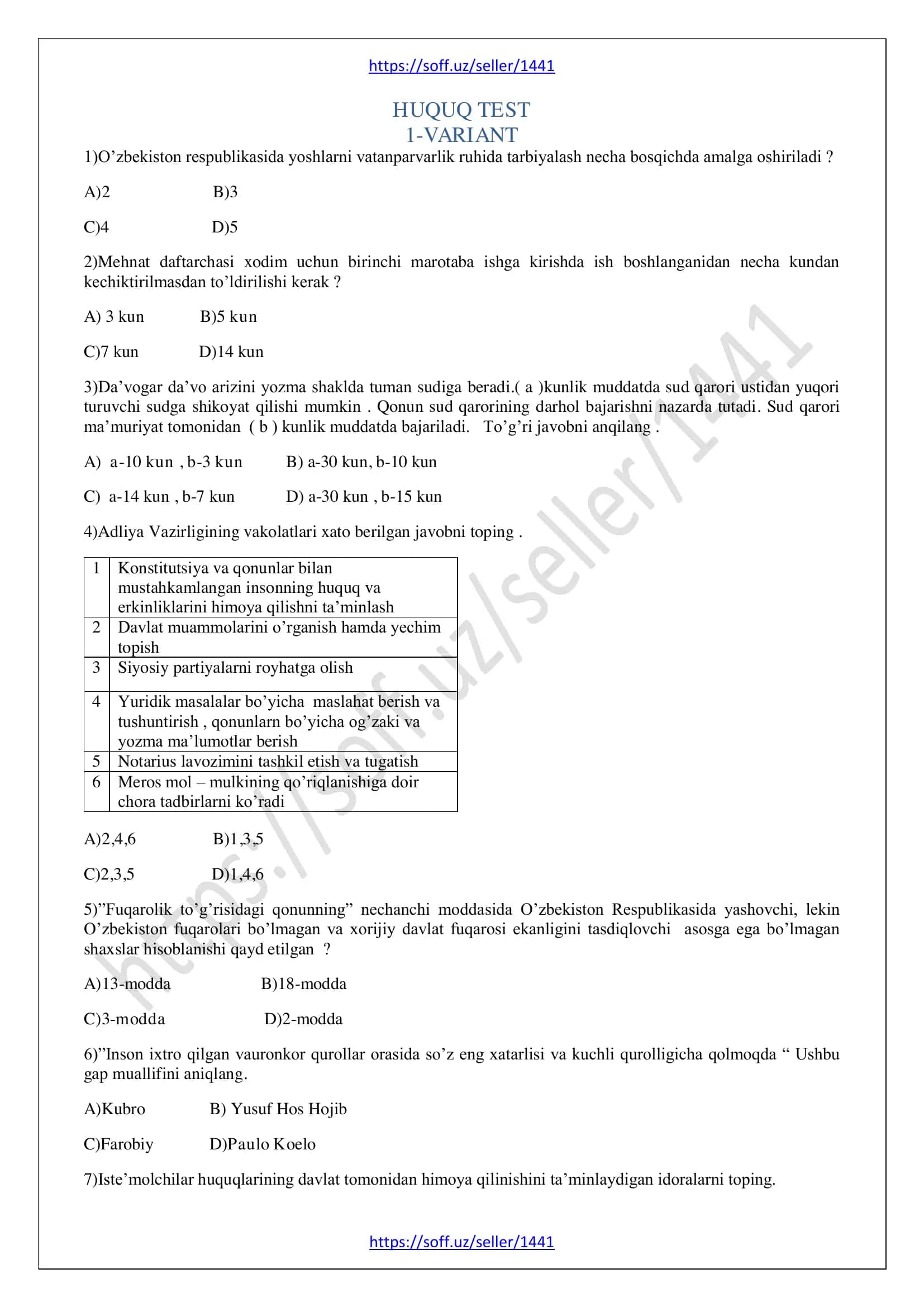 Huquq fanidan testlar to'plami 2