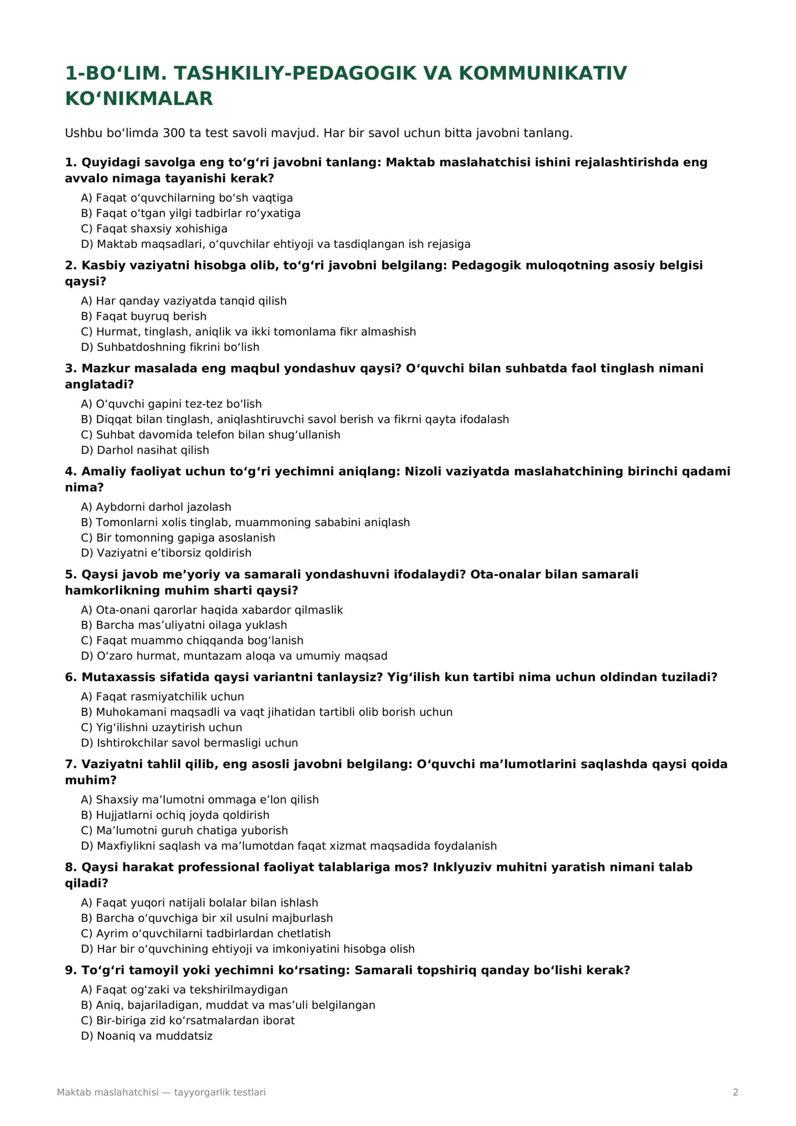 Maktab maslahatchisi — tayyorgarlik testlari 2