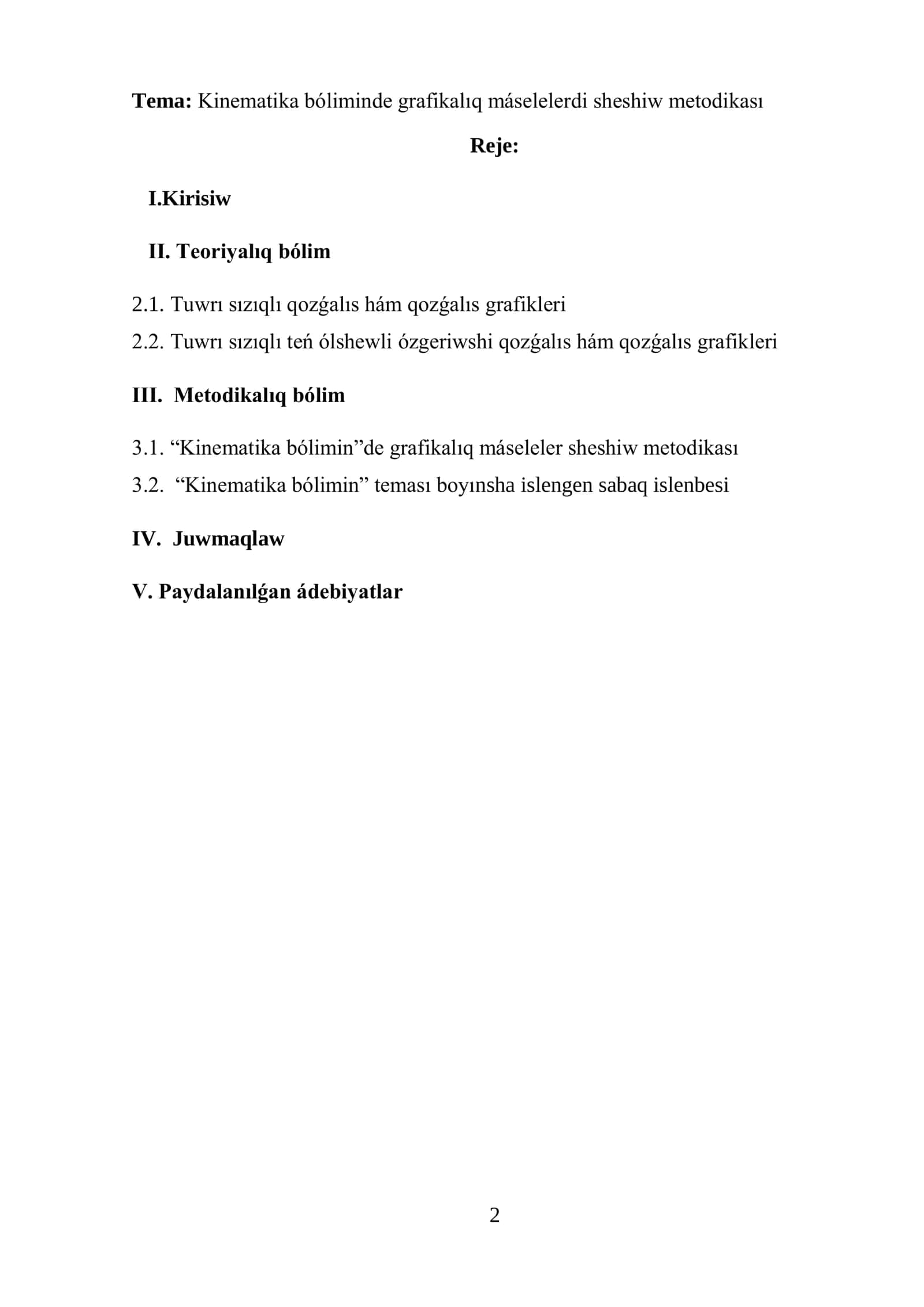 Kinematika bóliminde grafikalıq máselelerdi sheshiw metodikası 2