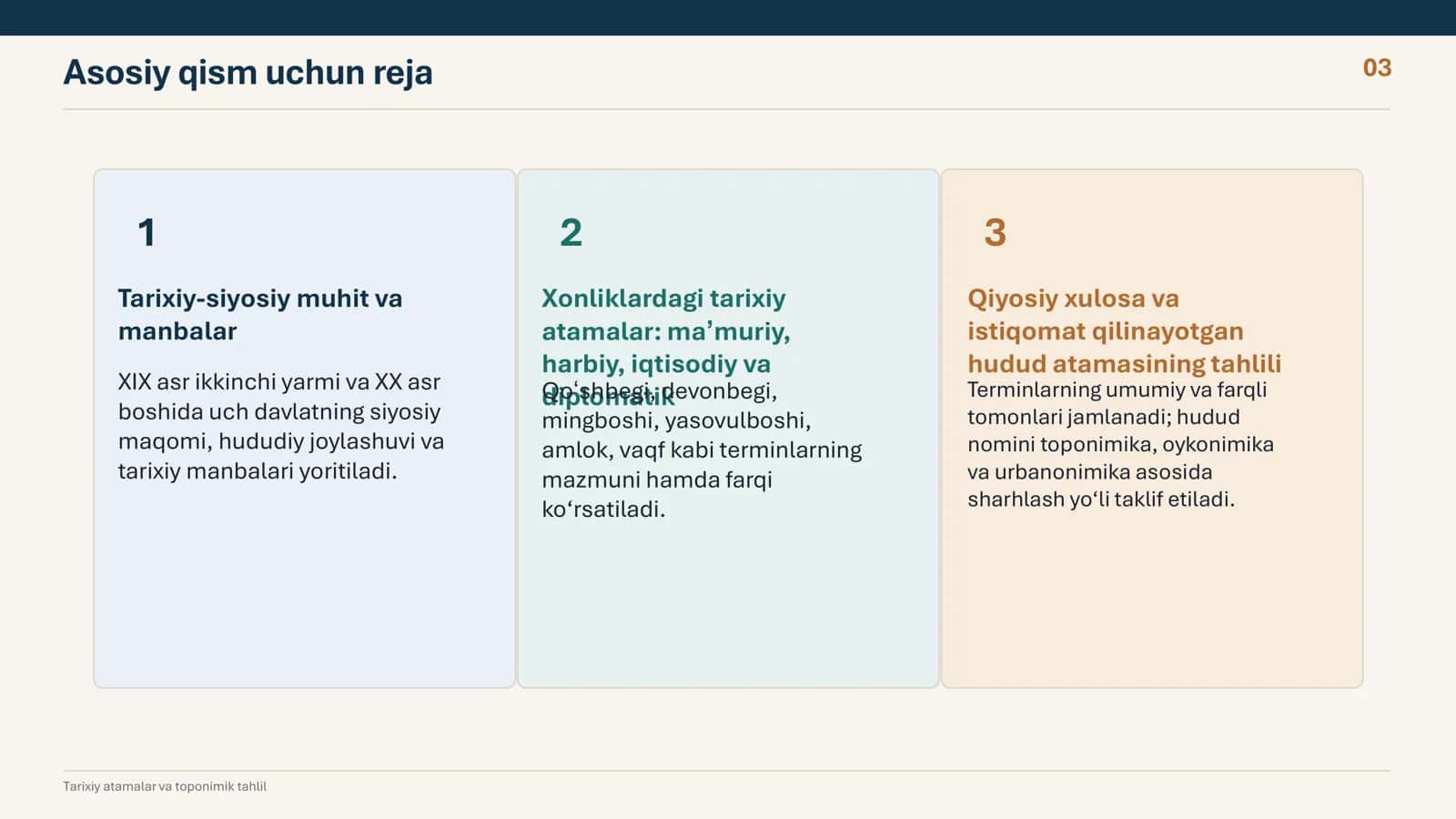 XIX-XX-asrlarda BUXORO XIVA hamda QOʻQON xonliklarida tarixiy atamalar, siz istiqomat qilayotgan hudud atmasi mavzusida Mustaqil ish 2