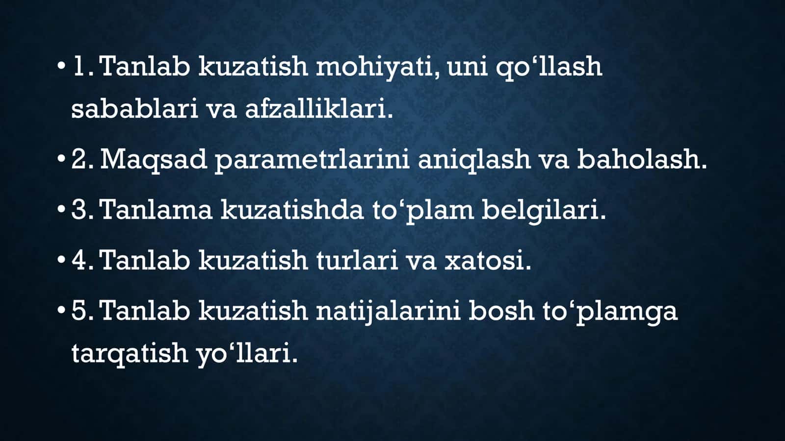 STATISTIK TADQIQOTLARDA TANLAB KUZATISHNING QO‘LLANILISHI. TANLAB KUZATISH XATOSI, TANLANMA TO‘PLAM ZARURIY MIQDORINI ANIQLASH VA TANLAB KUZATISH NATIJALARINI TARQATISH YO‘LLARI 2